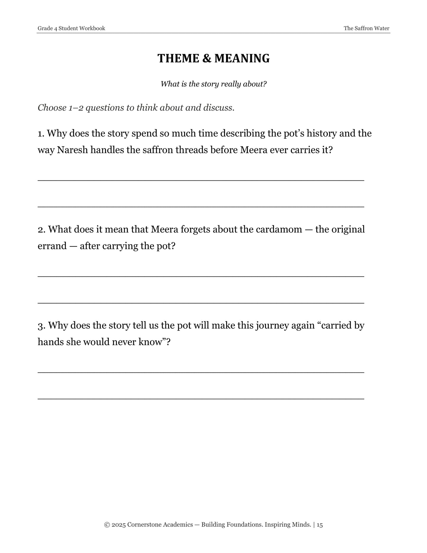 The Saffron Water | Grade 4 Classical Literature Packet | Cornerstone Academics