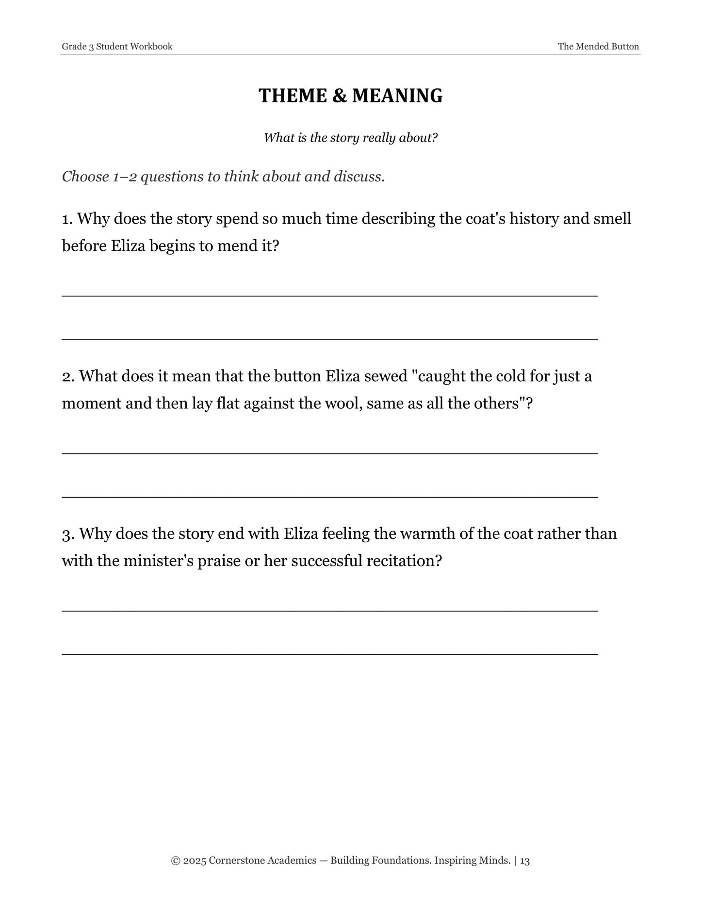 The Mended Button | Grade 3 Classical Literature Packet | Cornerstone Academics