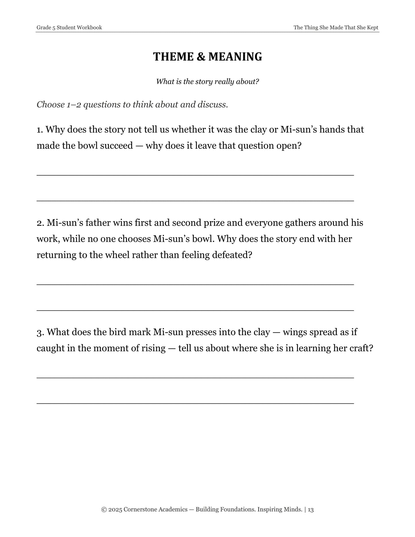 Theme and Meaning questions page from The Thing She Made That She Kept, Grade 5 literature packet