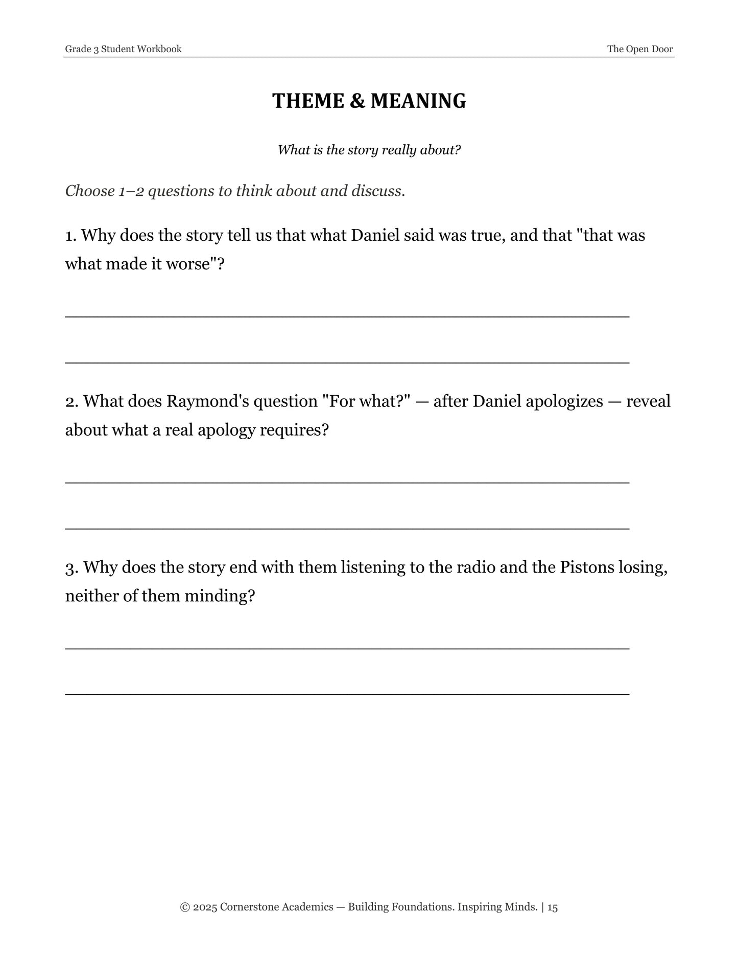 The Open Door | Grade 3 Classical Literature Packet | Cornerstone Academics