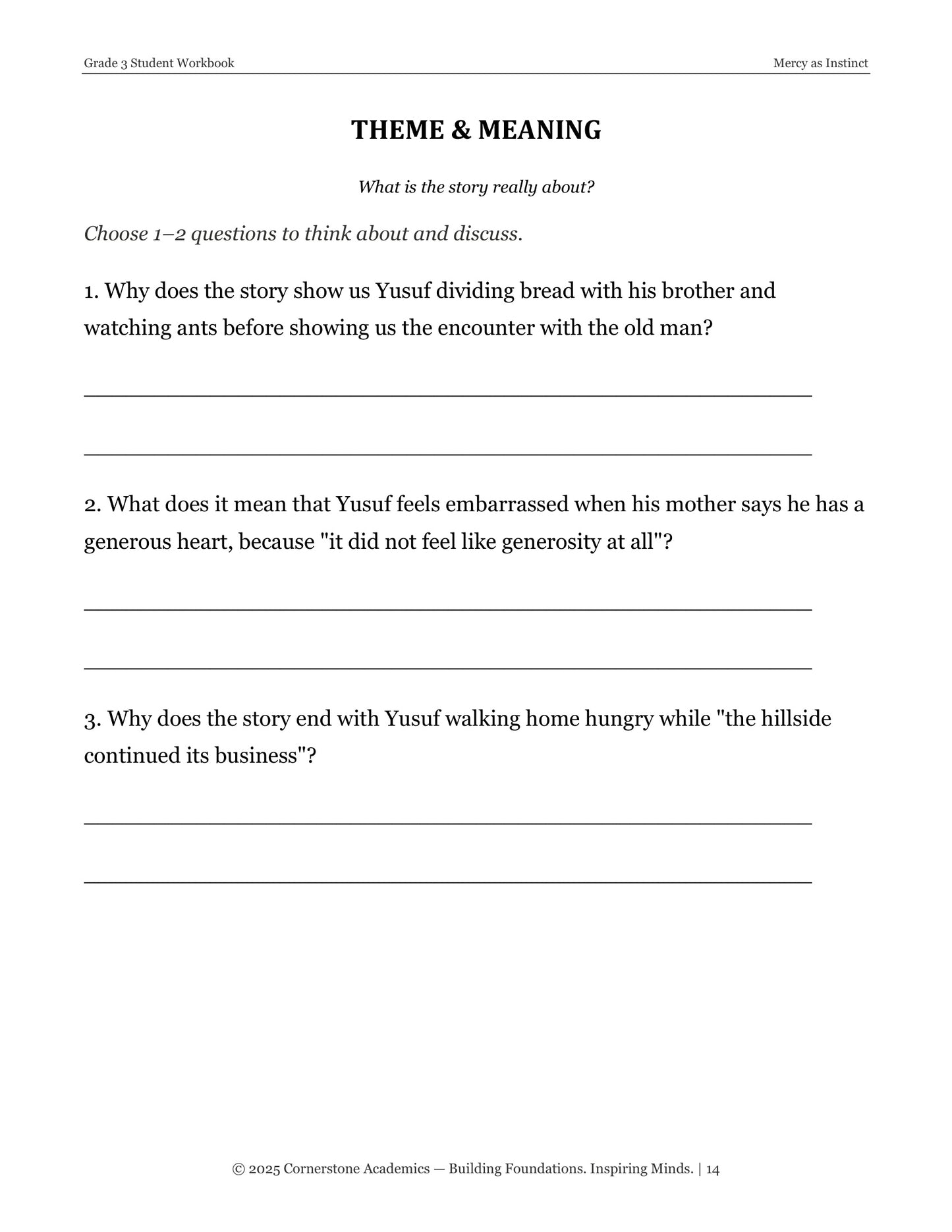Mercy as Instinct | Grade 3 Classical Literature Packet | Cornerstone Academics