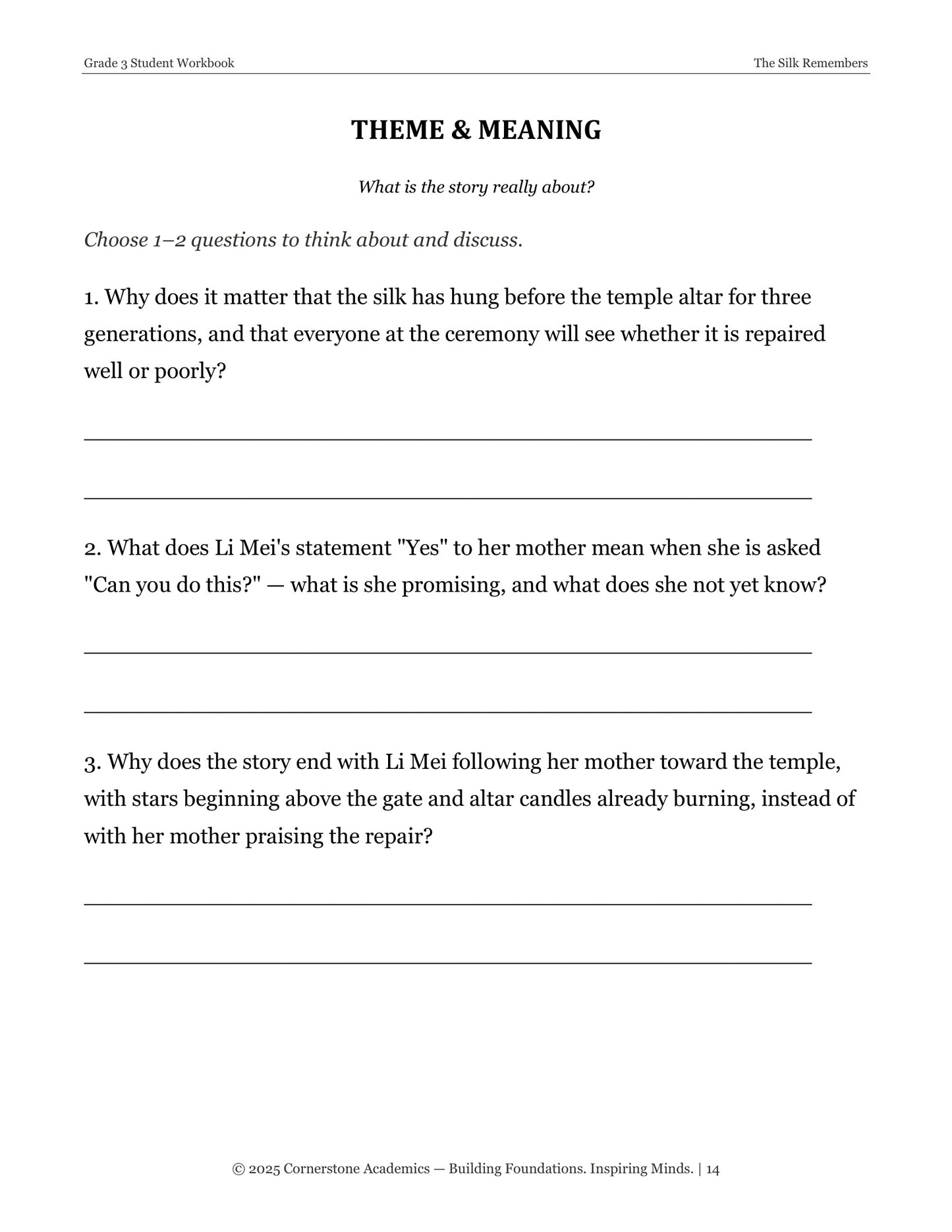 The Silk Remembers | Grade 3 Classical Literature Packet | Cornerstone Academics