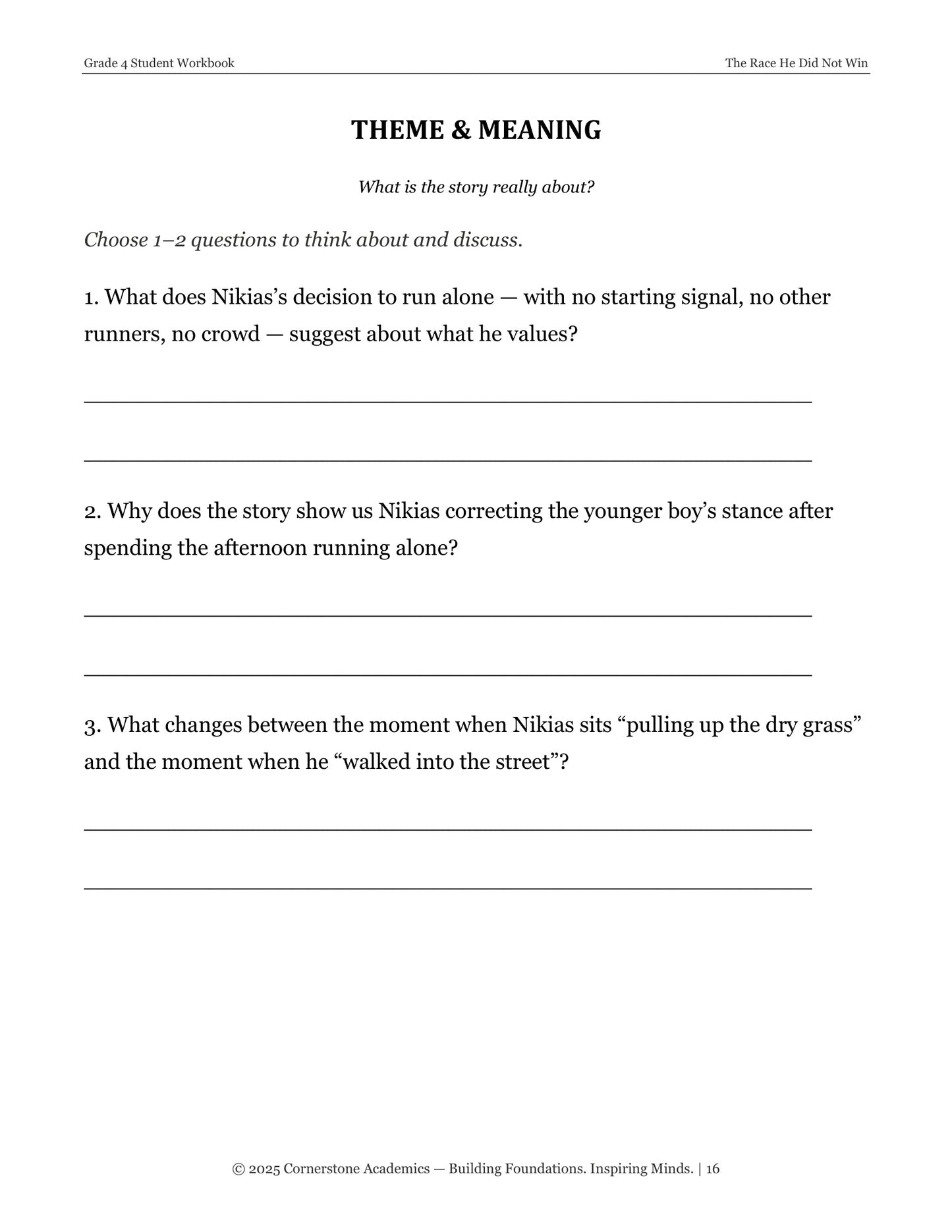 The Race He Did Not Win | Grade 4 Classical Literature Packet | Cornerstone Academics
