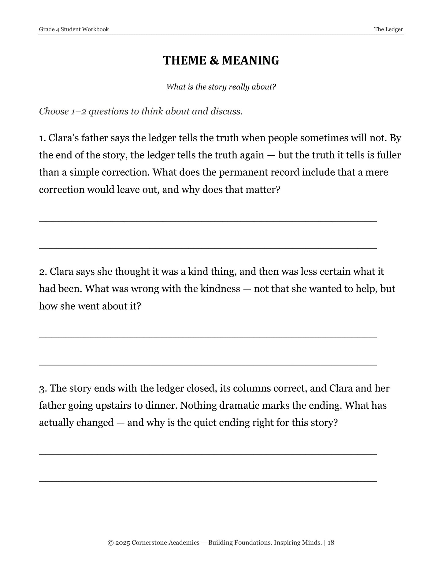 Theme and Meaning questions page from The Ledger, Grade 4 literature packet