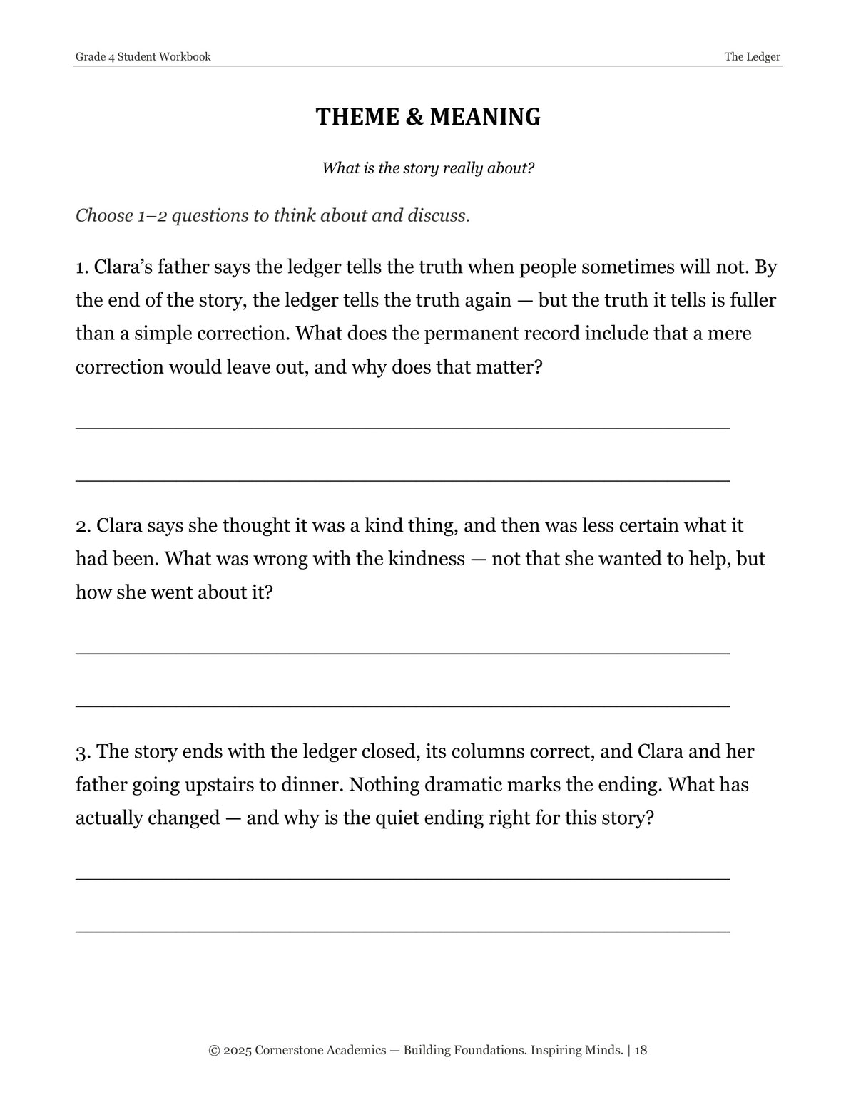 Theme and Meaning questions page from The Ledger, Grade 4 literature packet