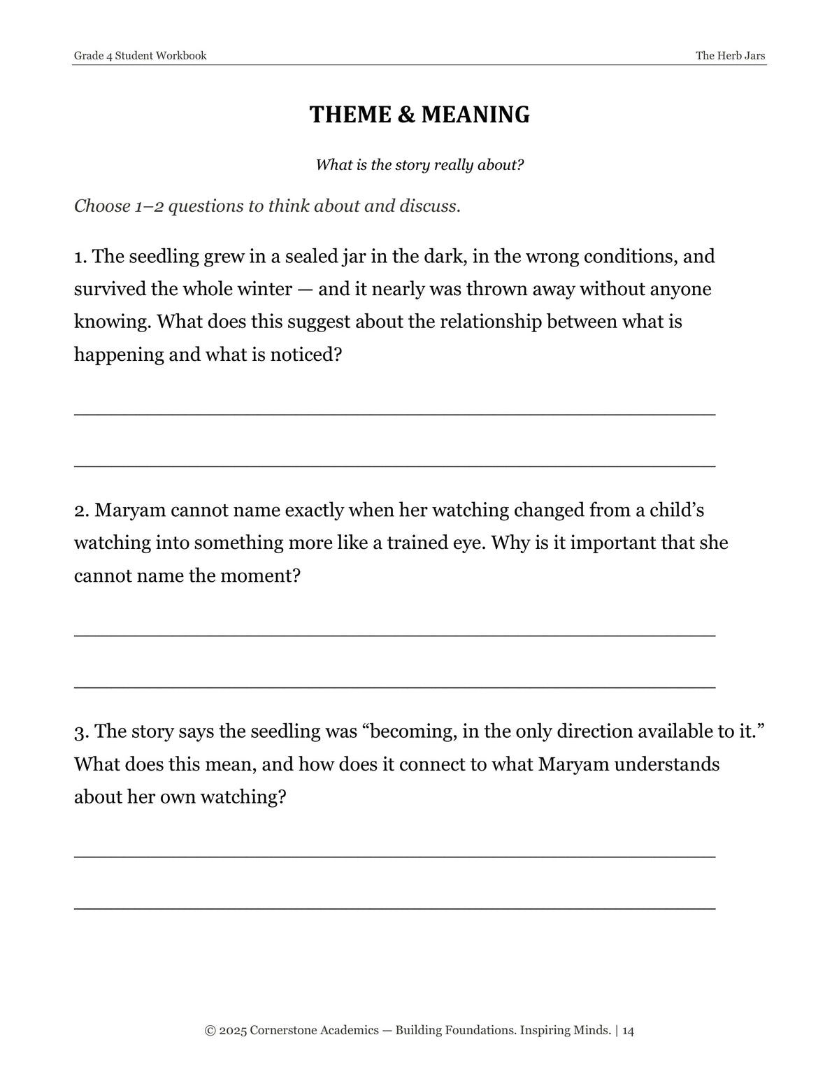 Theme and Meaning questions page from The Herb Jars, Grade 4 literature packet