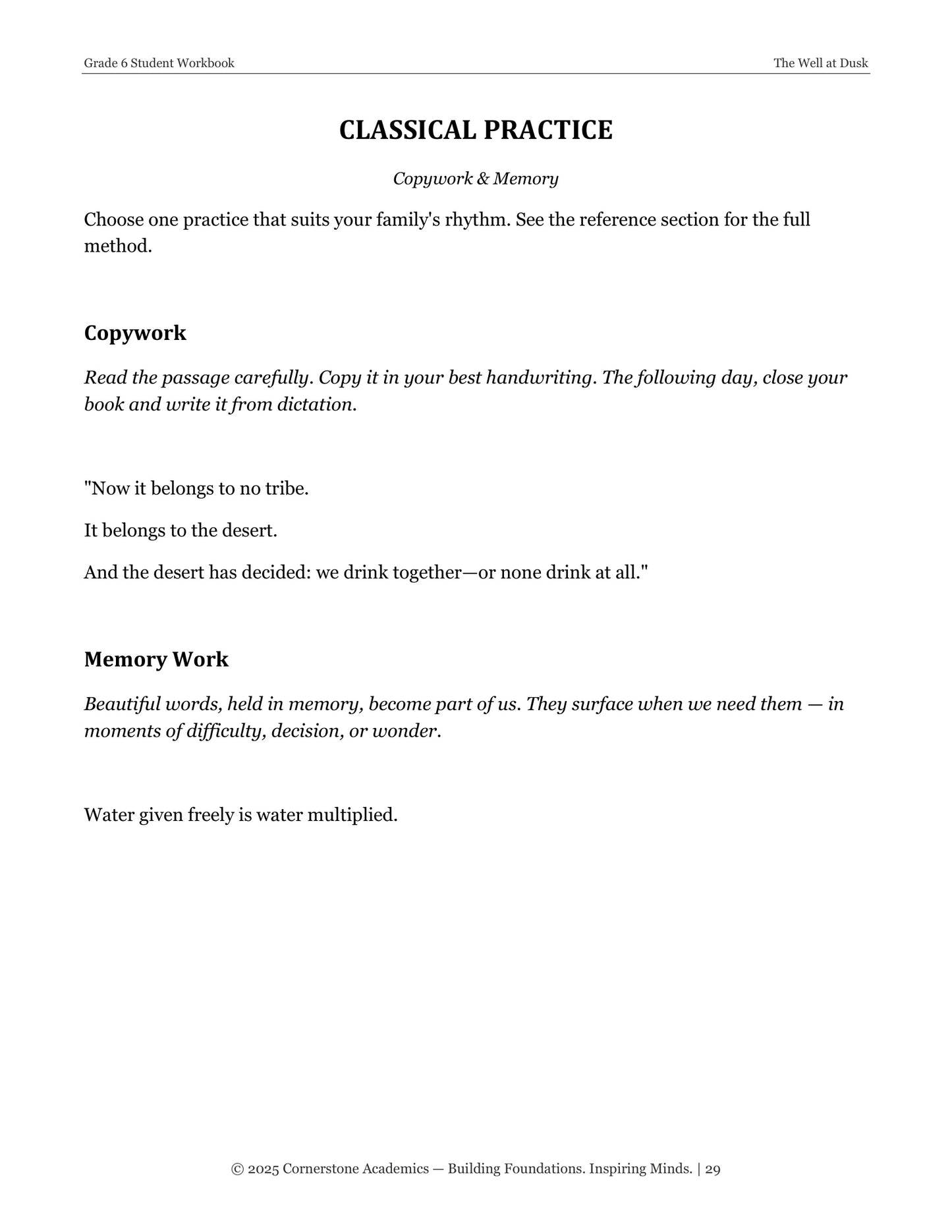 The Well at Dusk | Grade 6 Classical Literature Packet | Cornerstone Academics