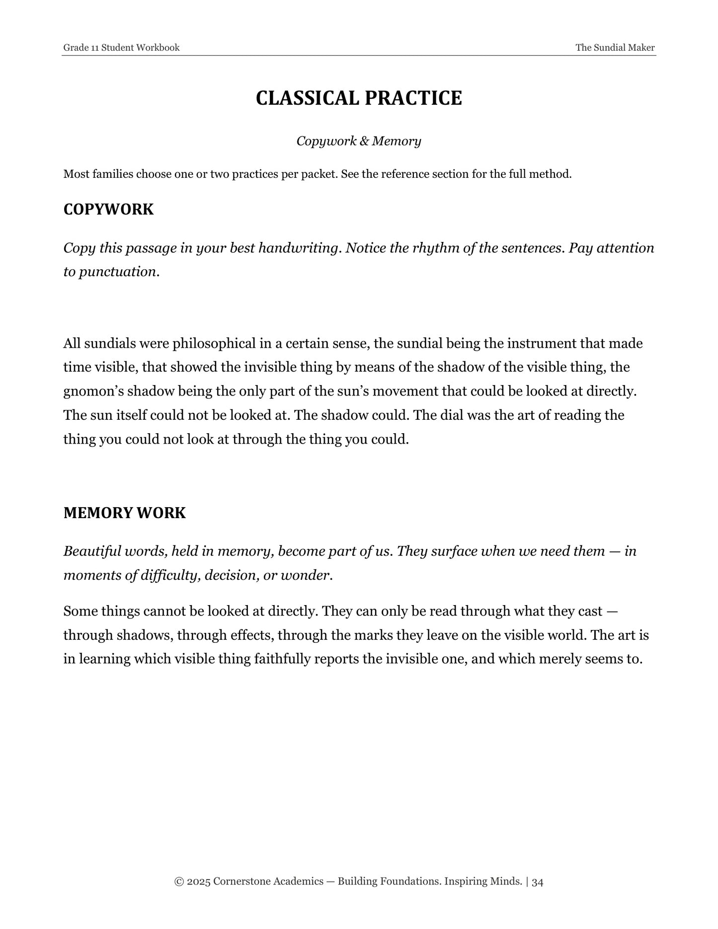 The Sundial Maker | Grade 11 Classical Literature Packet | Cornerstone Academics