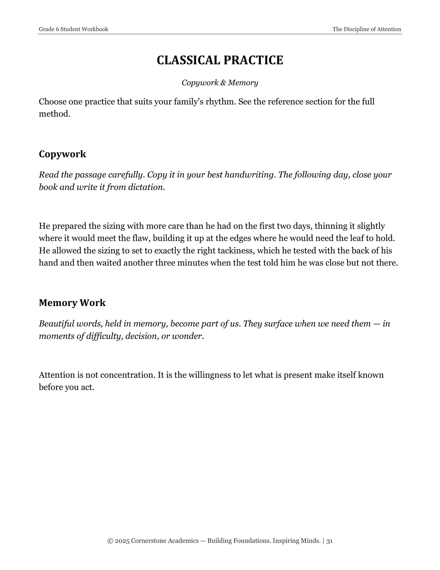 The Discipline of Attention | Grade 6 Classical Literature Packet | Cornerstone Academics