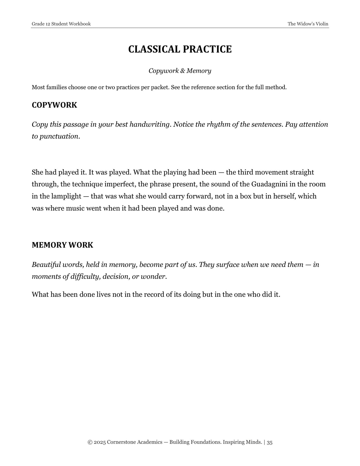 The Widow’s Violin | Grade 12 Classical Literature Packet | Cornerstone Academics