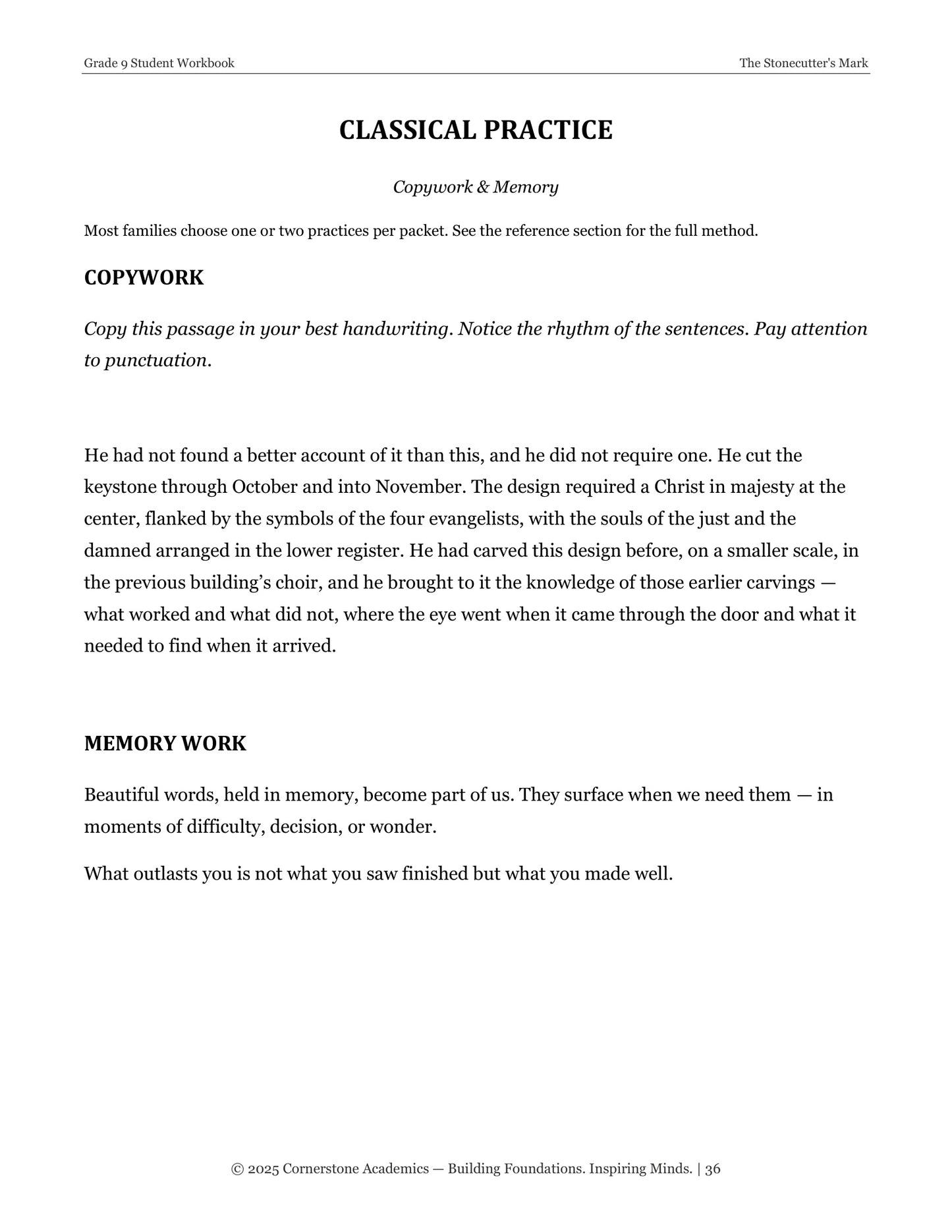 The Stonecutter's Mark | Grade 9 Classical Literature Packet | Cornerstone Academics
