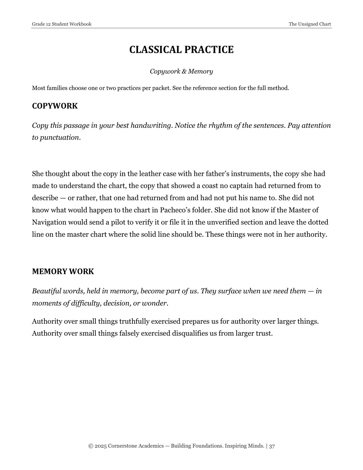 The Unsigned Chart | Grade 12 Classical Literature Packet | Cornerstone Academics