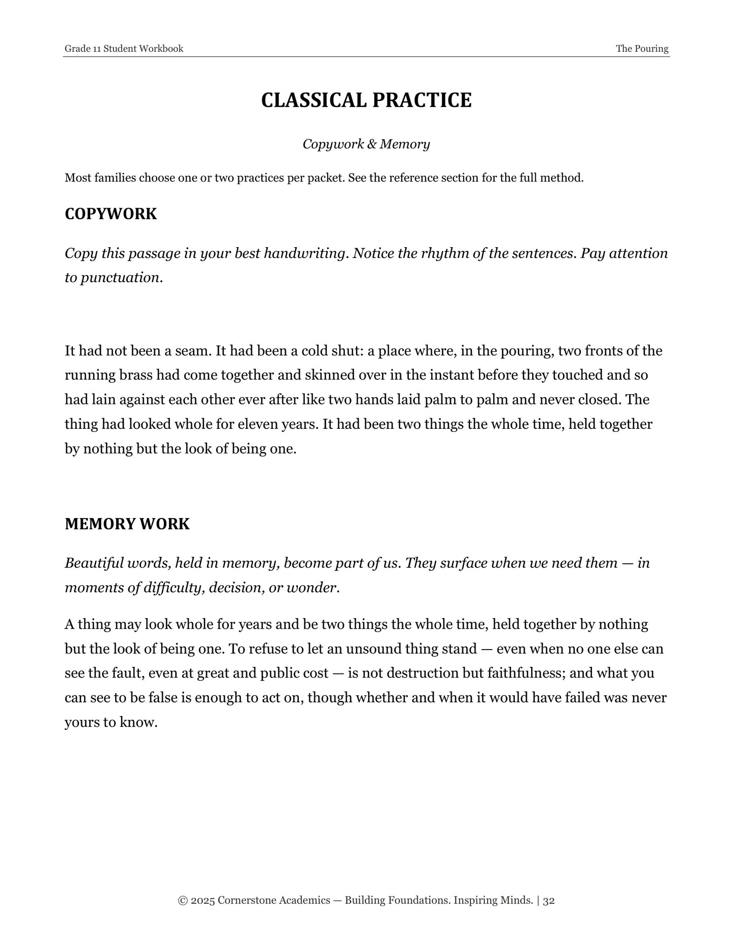 The Pouring | Grade 11 Classical Literature Packet | Cornerstone Academics