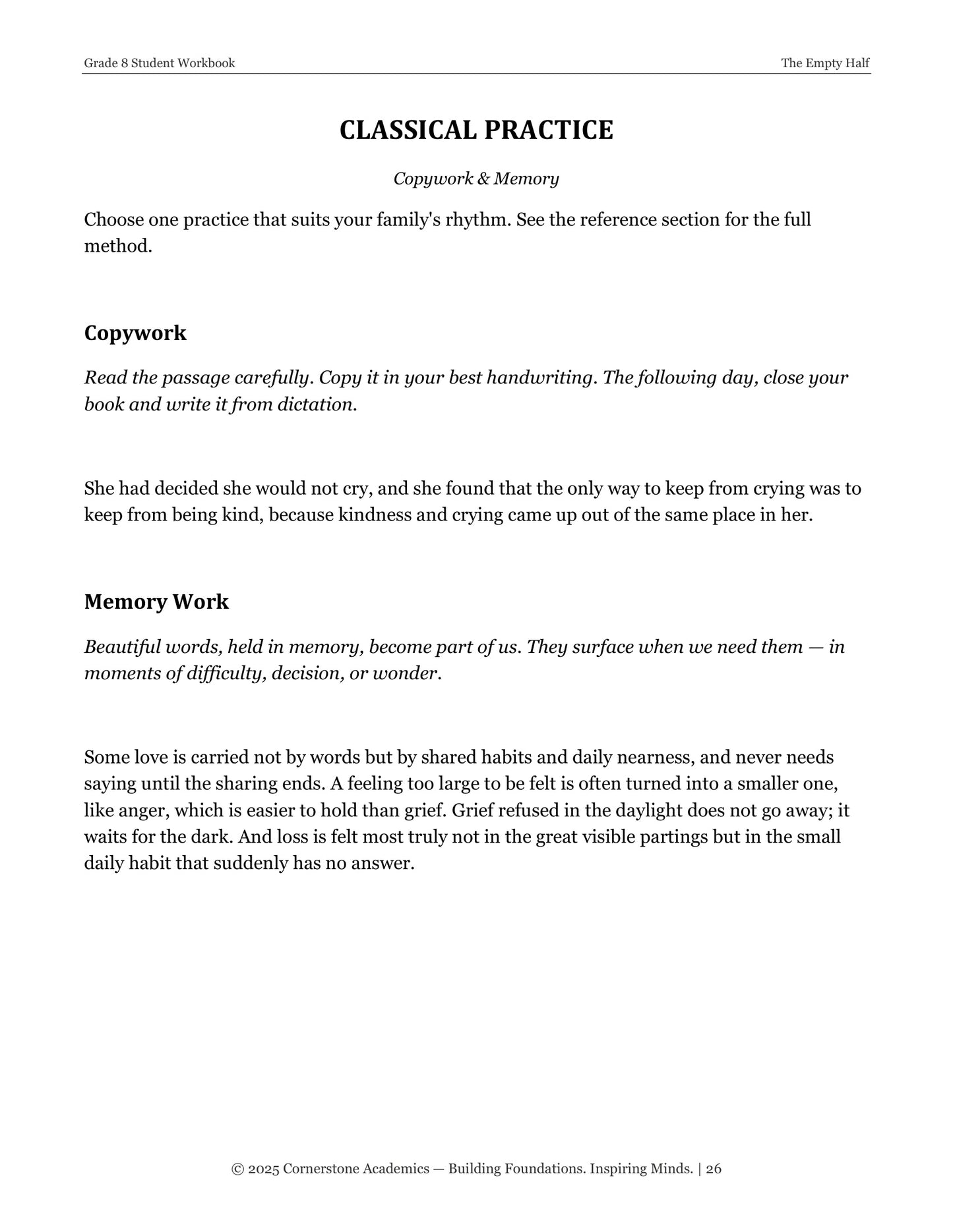 The Empty Half | Grade 8 Classical Literature Packet | Cornerstone Academics