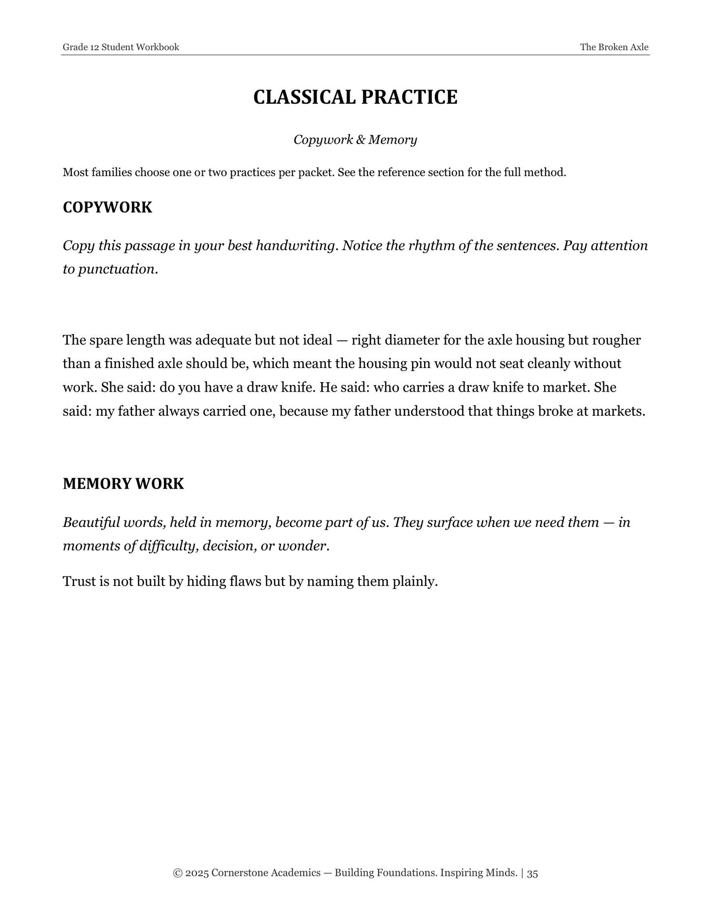 The Broken Axle | Grade 12 Classical Literature Packet | Cornerstone Academics