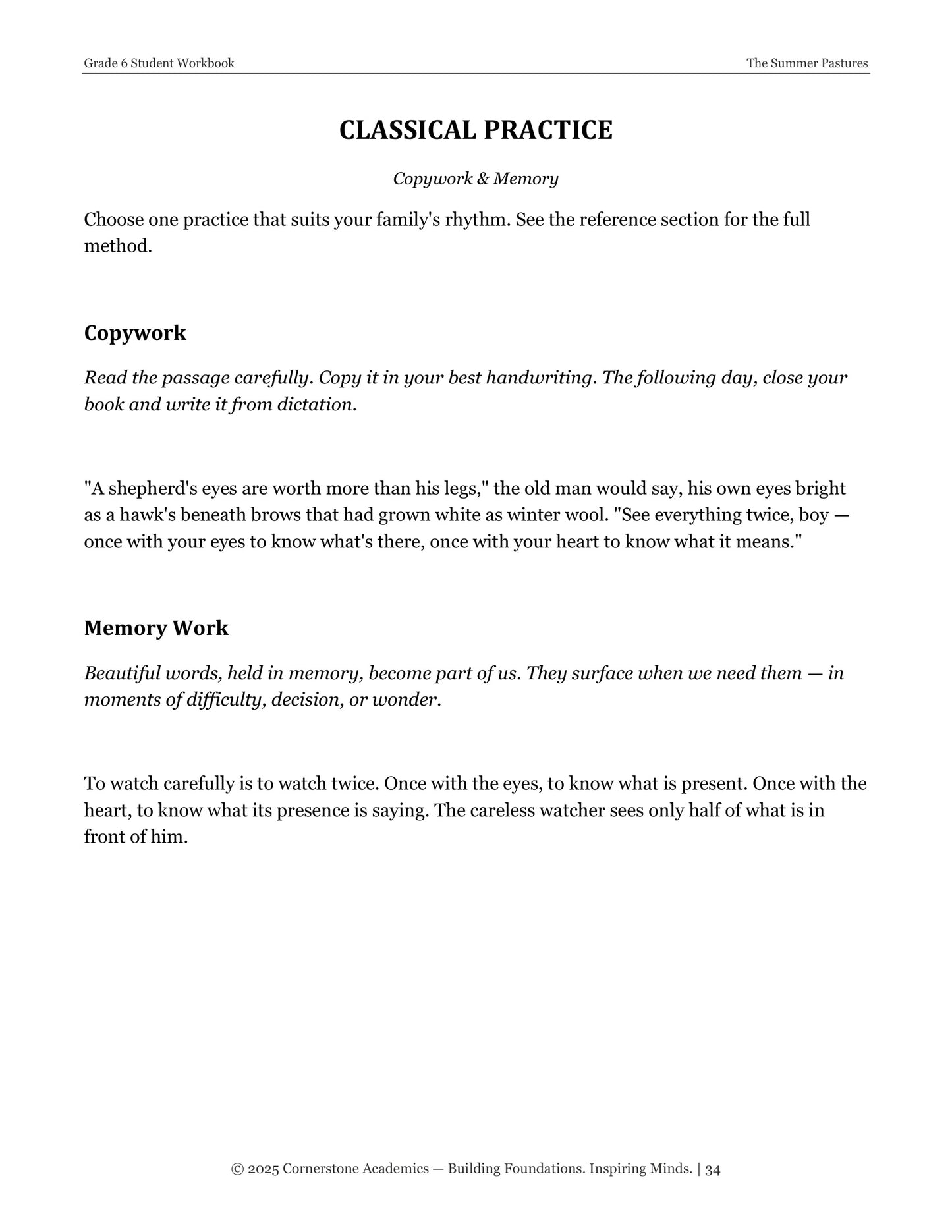 The Summer Pastures | Grade 6 Classical Literature Packet | Cornerstone Academics