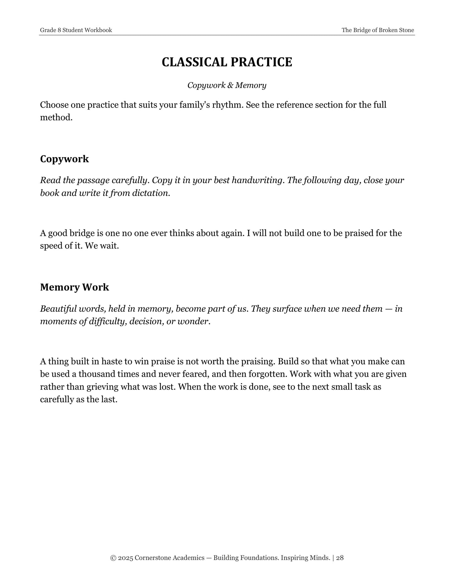 The Bridge of Broken Stone | Grade 8 Classical Literature Packet | Cornerstone Academics