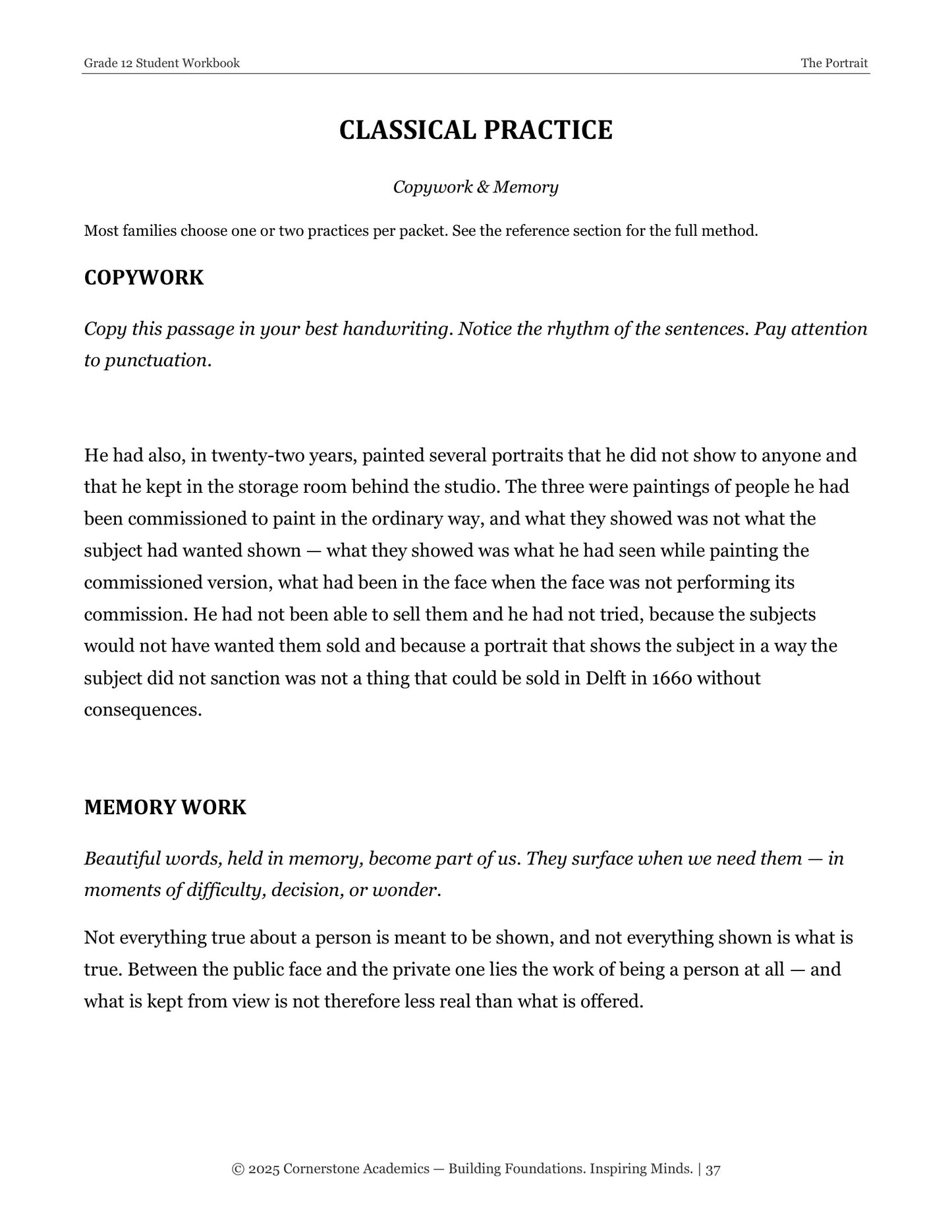 The Portrait | Grade 12 Classical Literature Packet | Cornerstone Academics