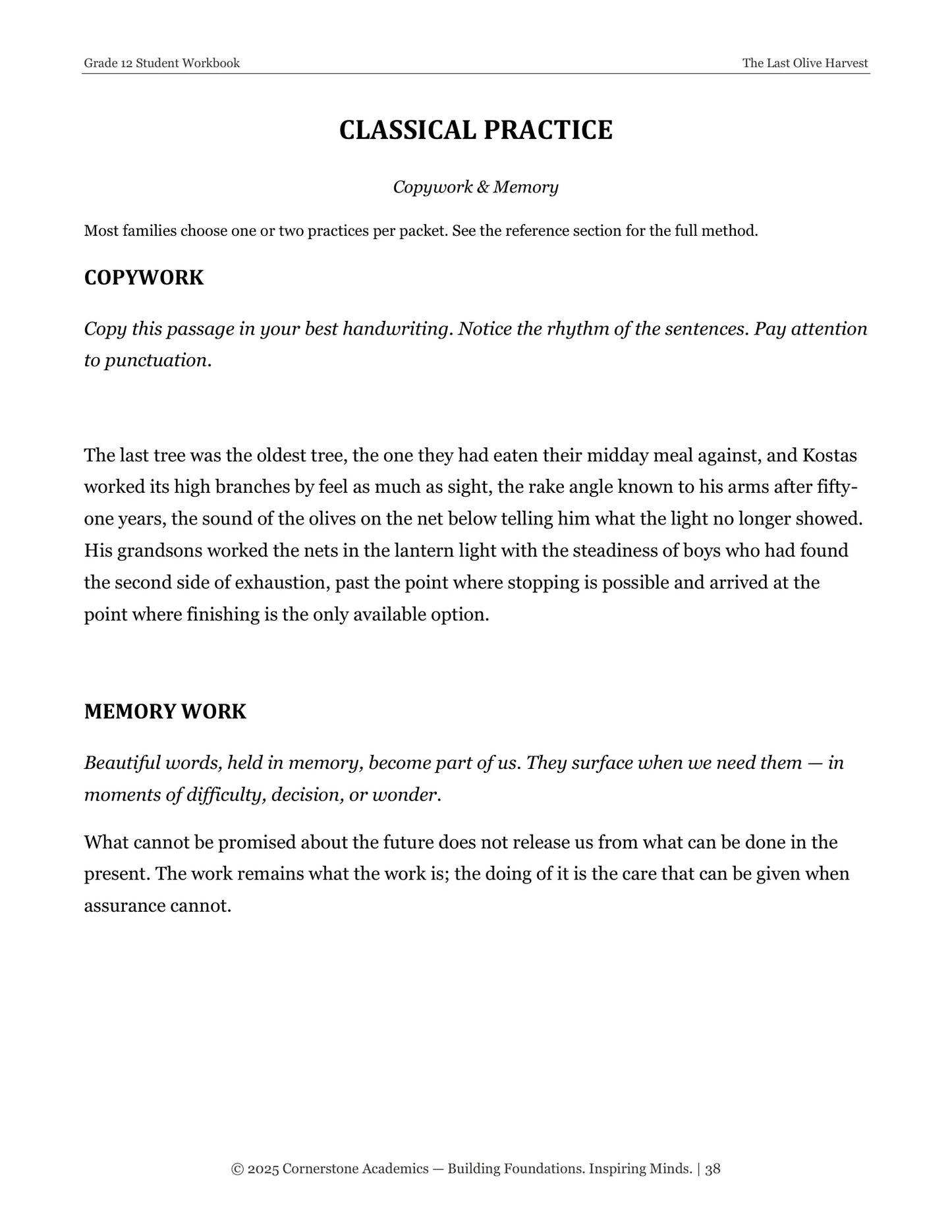 The Last Olive Harvest | Grade 12 Classical Literature Packet | Cornerstone Academics