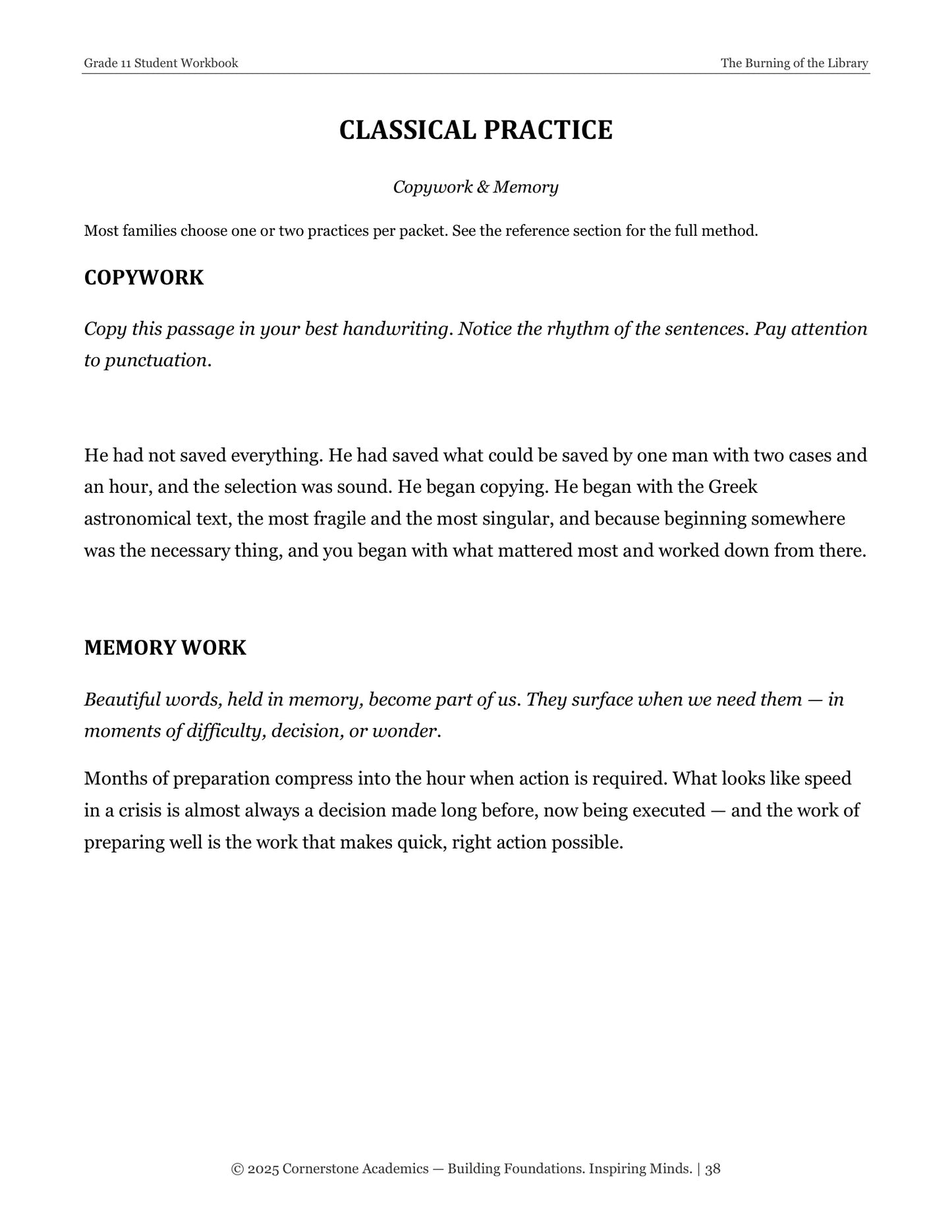 The Burning of the Library | Grade 11 Classical Literature Packet | Cornerstone Academics