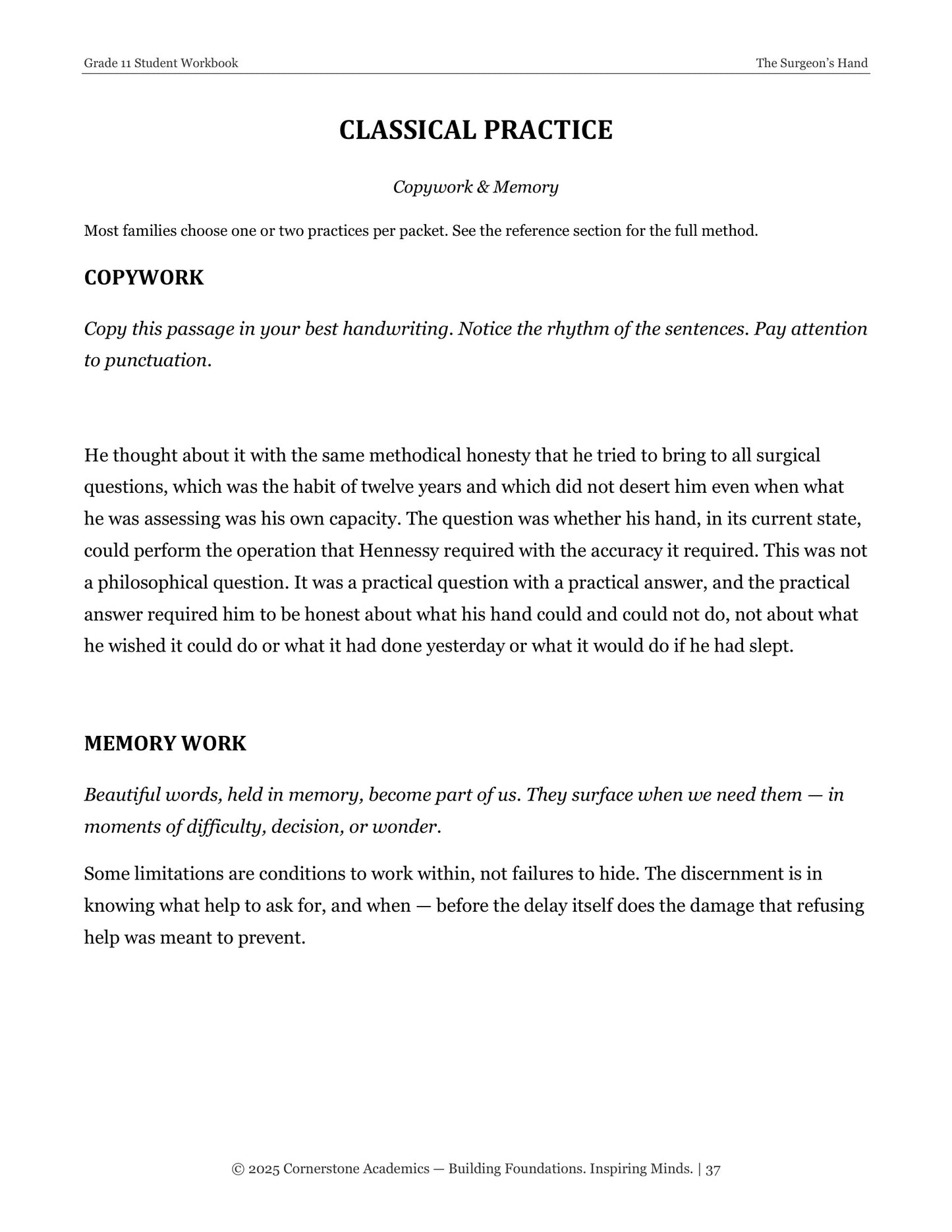 The Surgeon's Hand | Grade 11 Classical Literature Packet | Cornerstone Academics