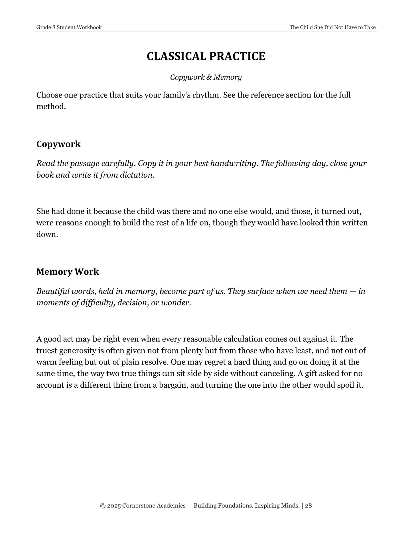 The Child She Did Not Have to Take | Grade 8 Classical Literature Packet | Cornerstone Academics