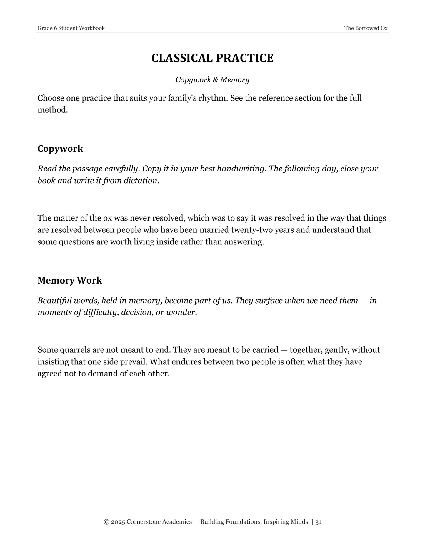 The Borrowed Ox | Grade 6 Classical Literature Packet | Cornerstone Academics