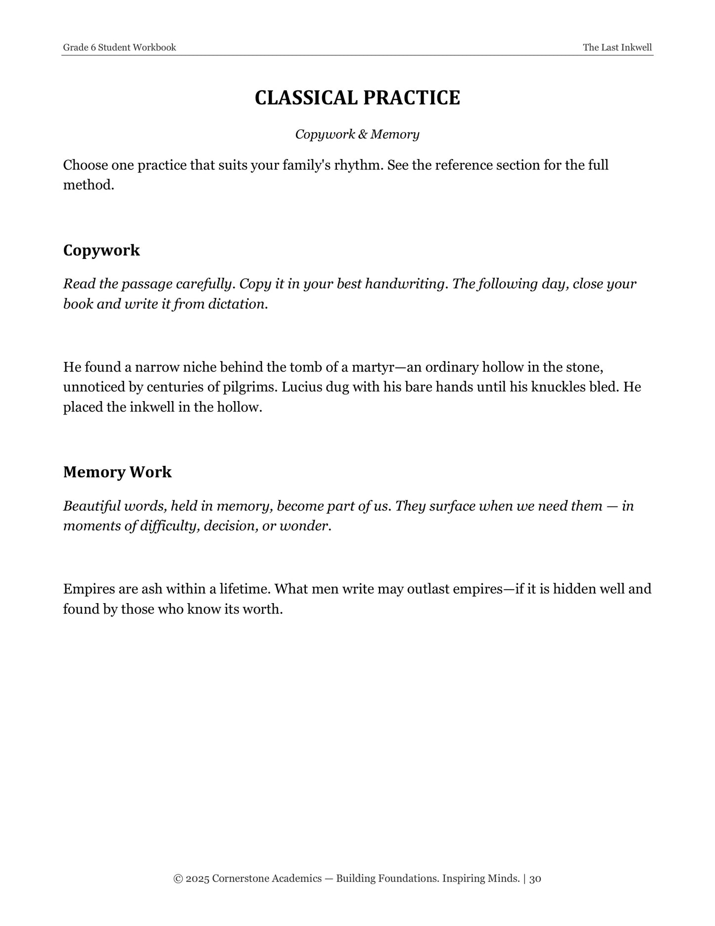 The Last Inkwell | Grade 6 Classical Literature Packet | Cornerstone Academics