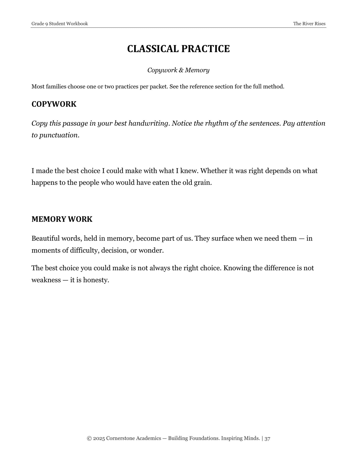 The River Rises | Grade 9 Classical Literature Packet | Cornerstone Academics