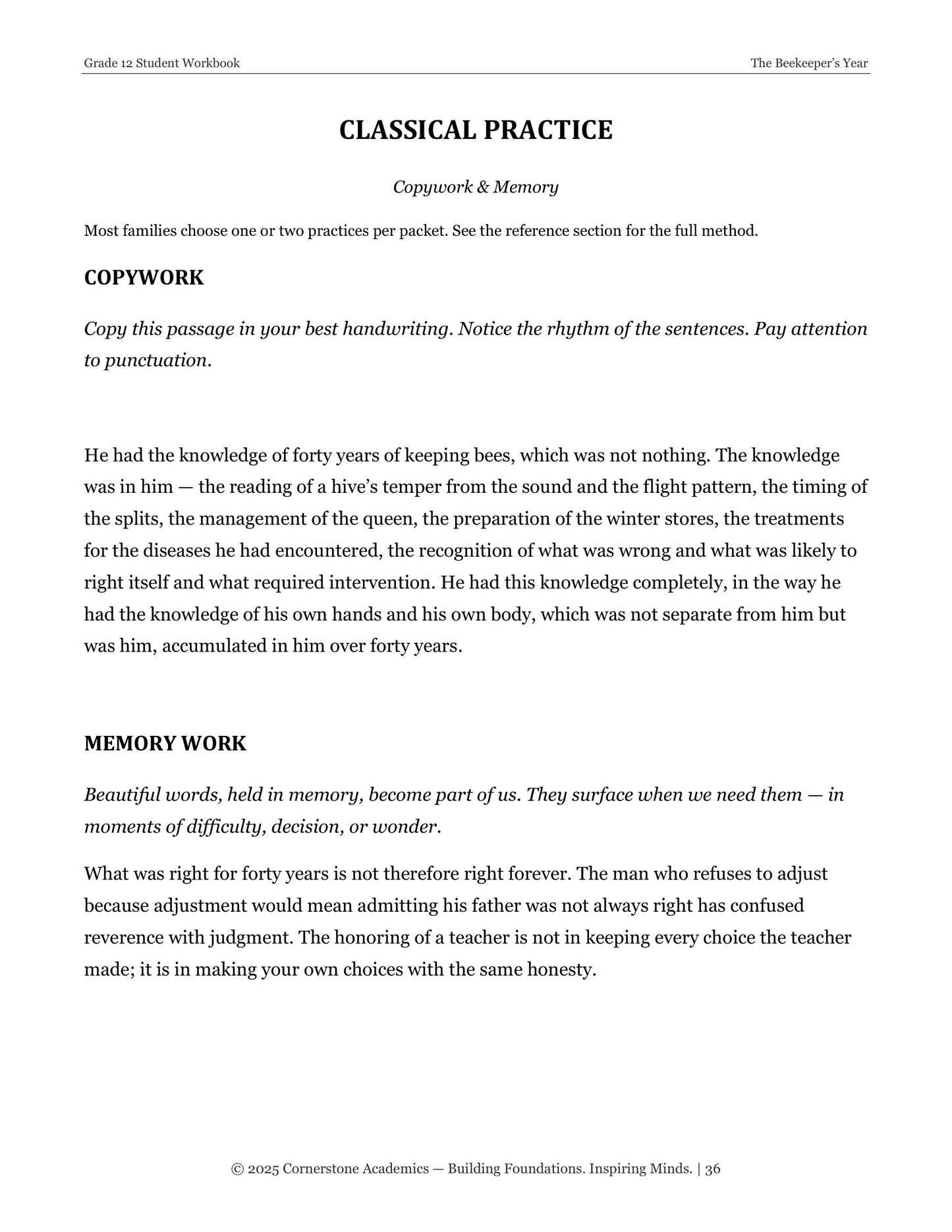 The Beekeeper’s Year | Grade 12 Classical Literature Packet | Cornerstone Academics