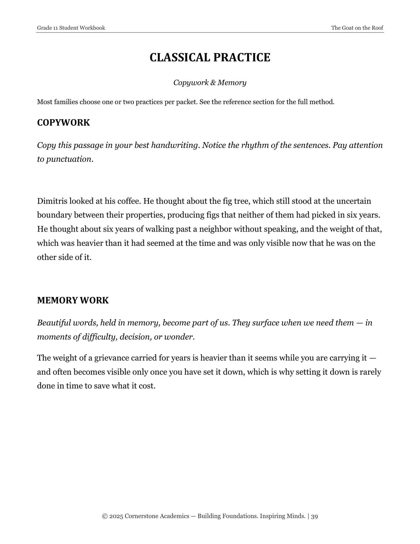 The Goat on the Roof | Grade 11 Classical Literature Packet | Cornerstone Academics