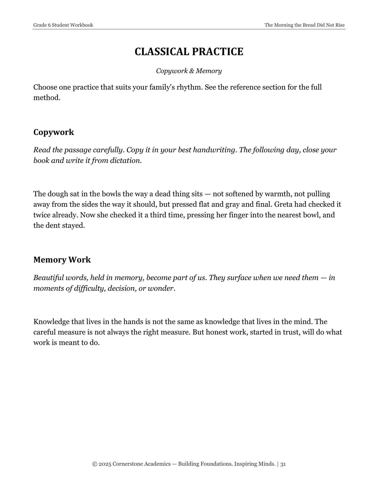 The Morning the Bread Did Not Rise | Grade 6 Classical Literature Packet | Cornerstone Academics