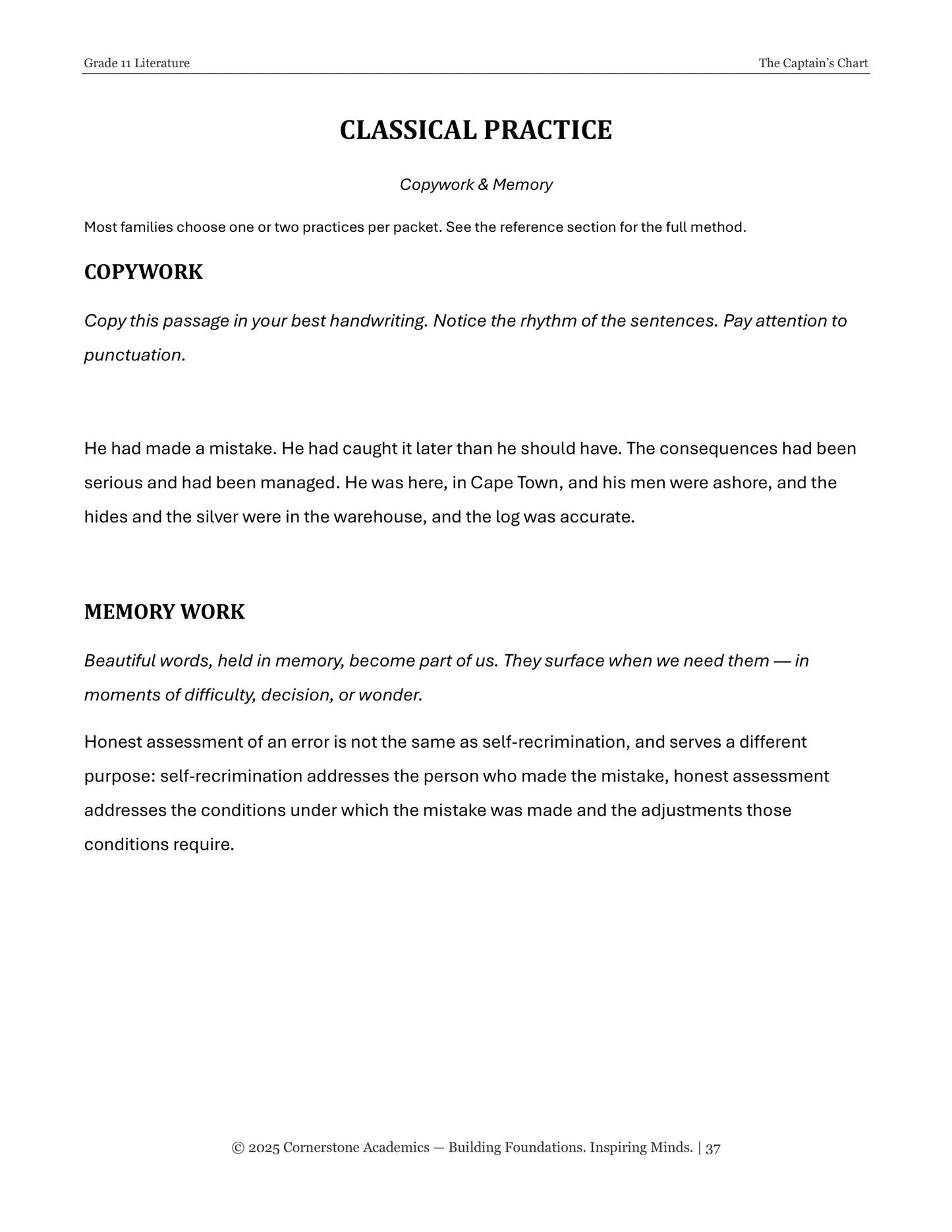 The Captain's Chart | Grade 11 Classical Literature Packet | Cornerstone Academics