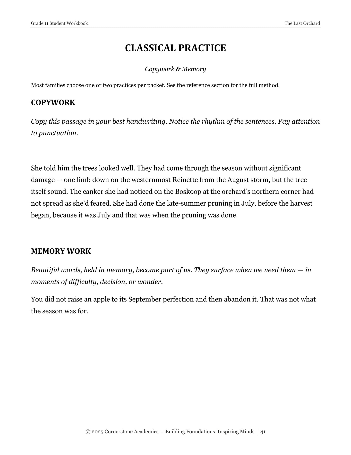 The Last Orchard | Grade 11 Classical Literature Packet | Cornerstone Academics