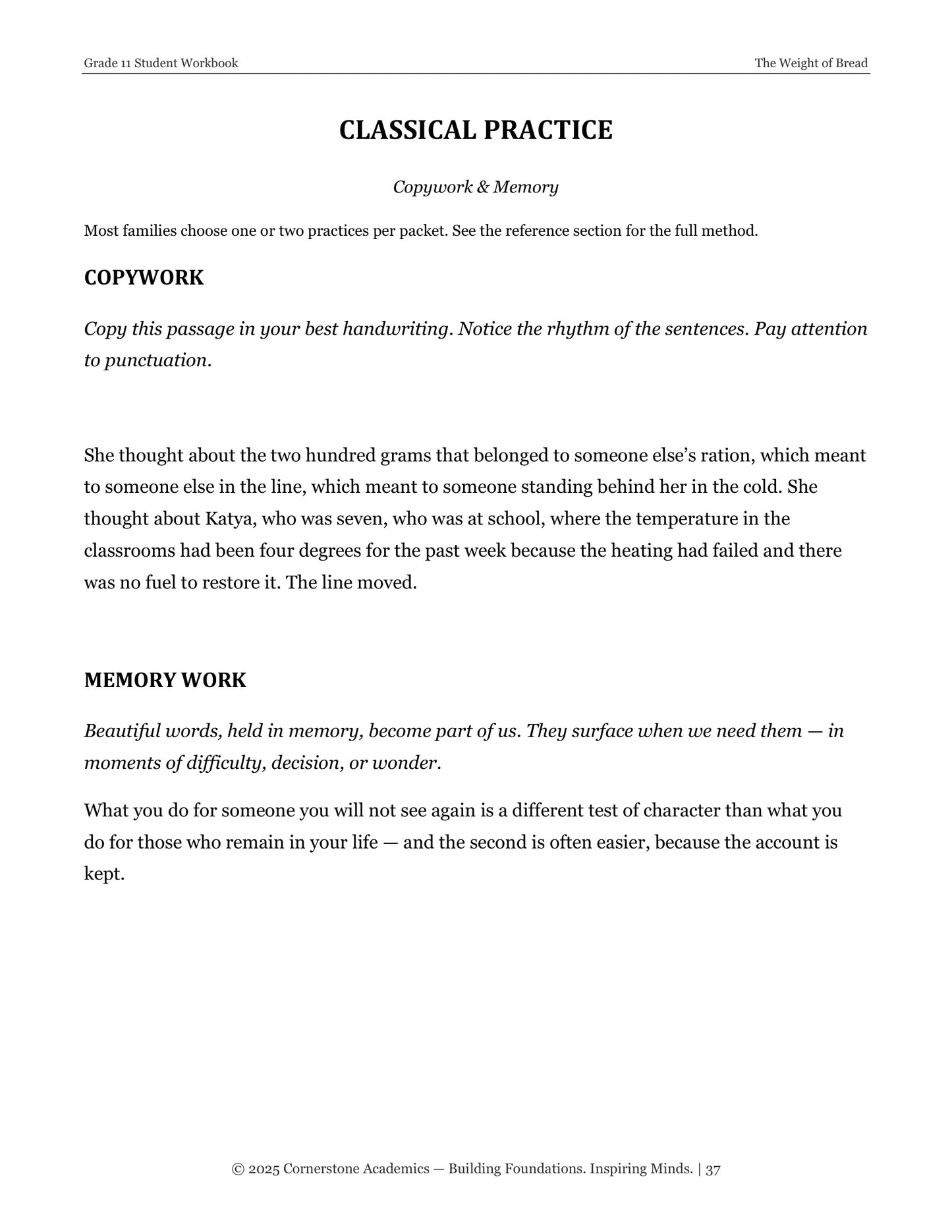 The Weight of Bread | Grade 11 Classical Literature Packet | Cornerstone Academics