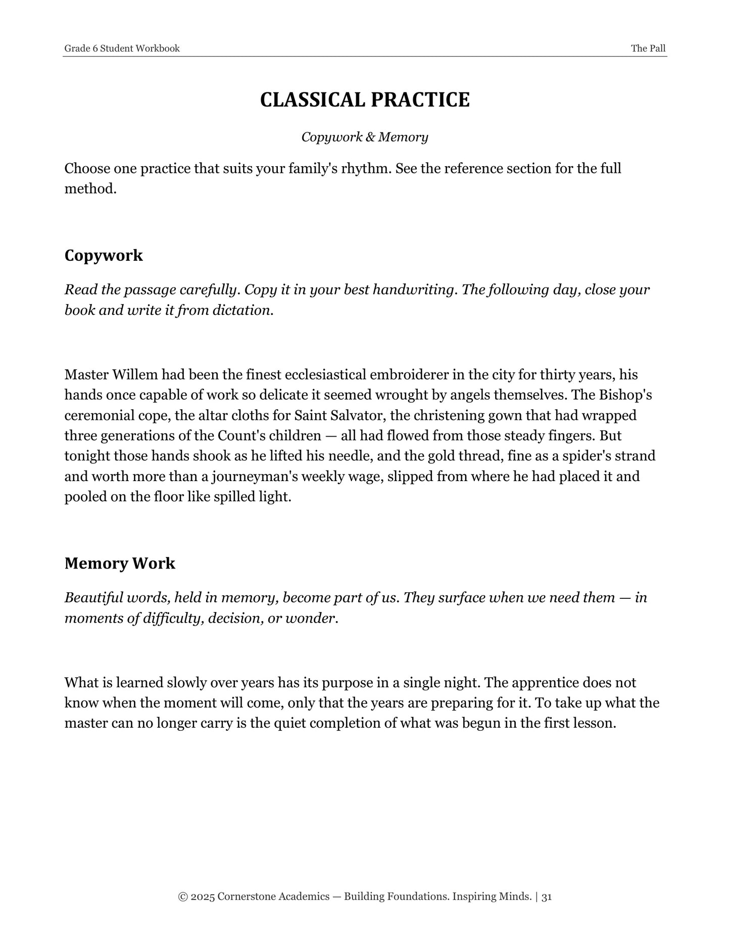 The Pall | Grade 6 Classical Literature Packet | Cornerstone Academics