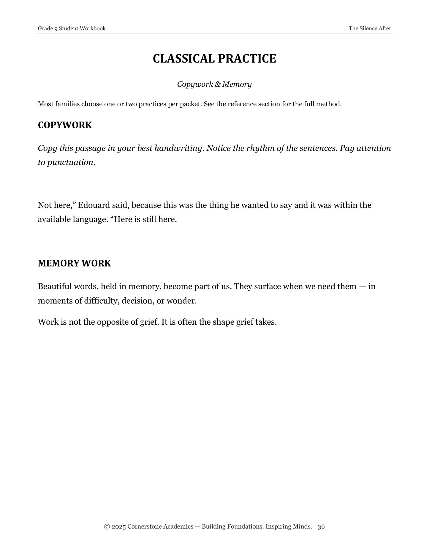 The Silence After | Grade 9 Classical Literature Packet | Cornerstone Academics