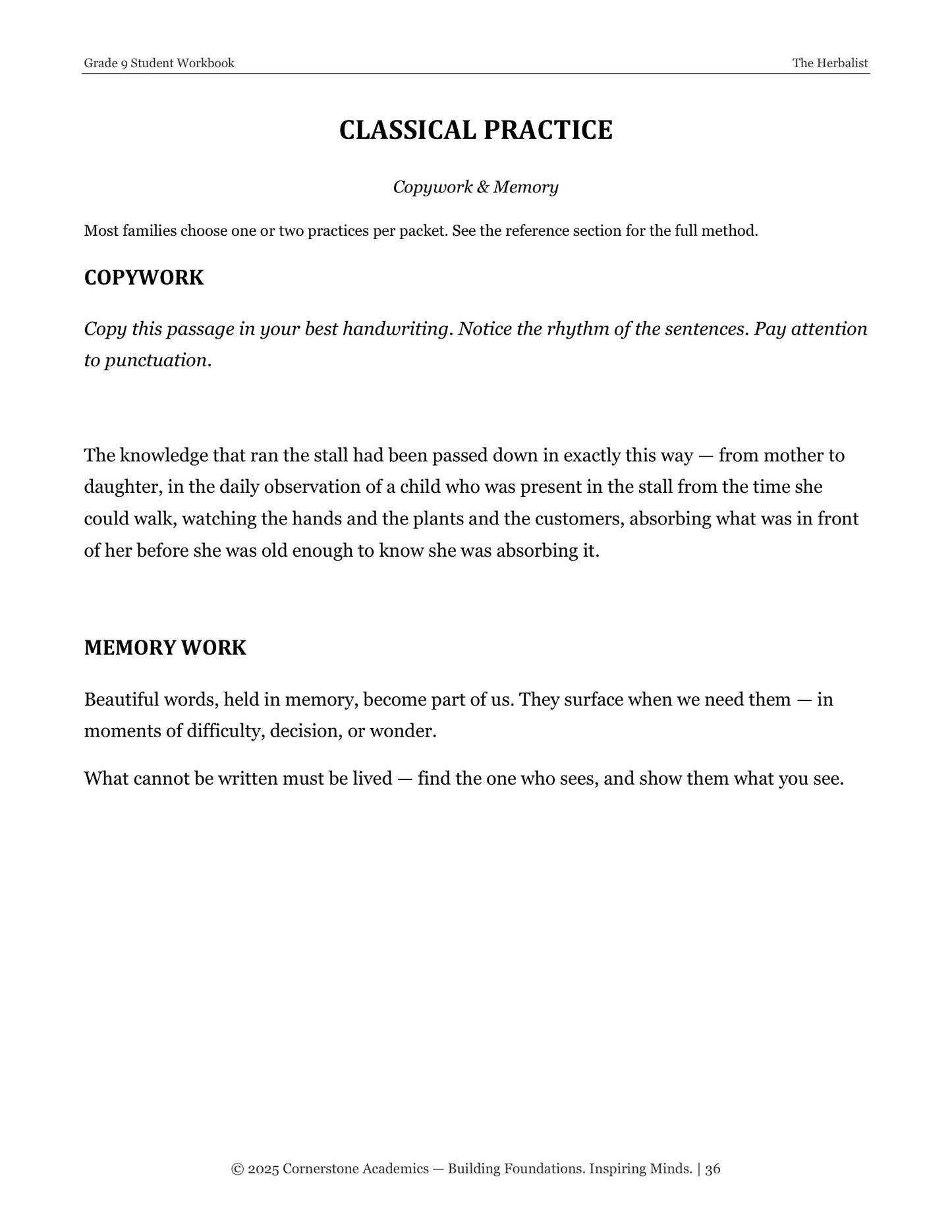 The Herbalist | Grade 9 Classical Literature Packet | Cornerstone Academics