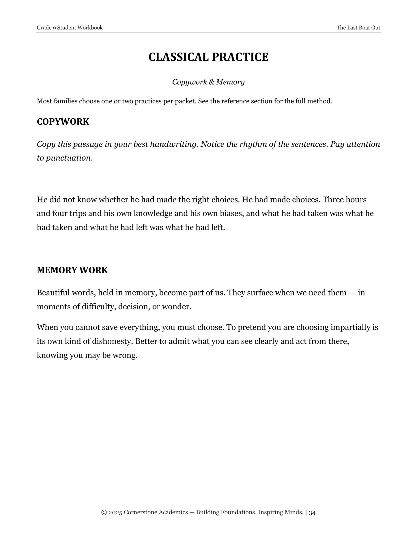 The Last Boat Out | Grade 9 Classical Literature Packet | Cornerstone Academics