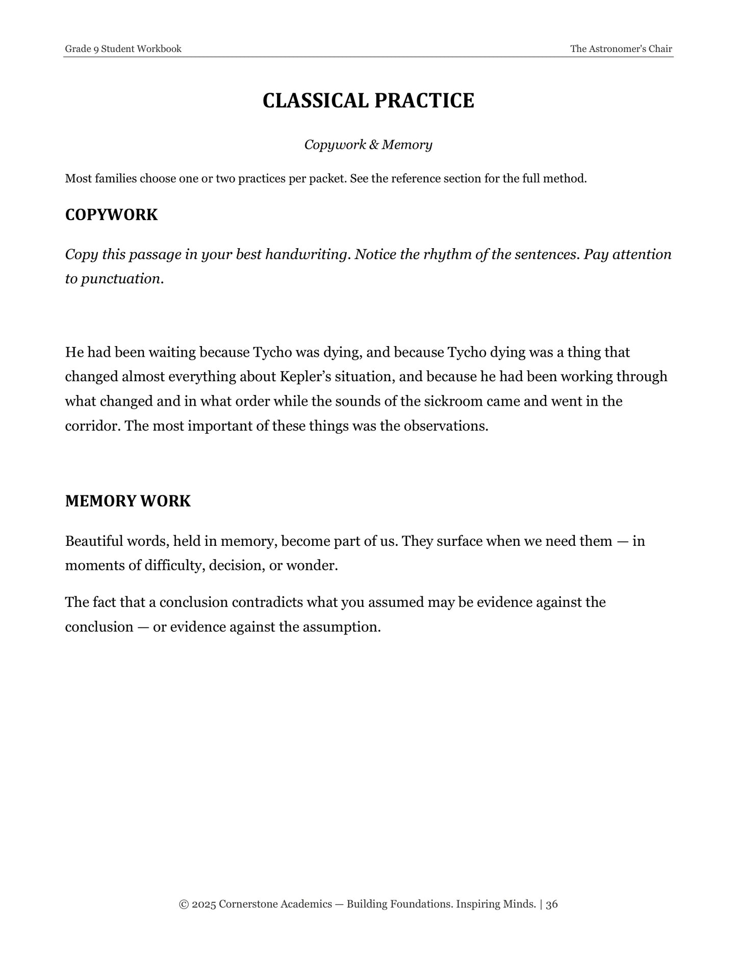 The Astronomer's Chair | Grade 9 Classical Literature Packet | Cornerstone Academics