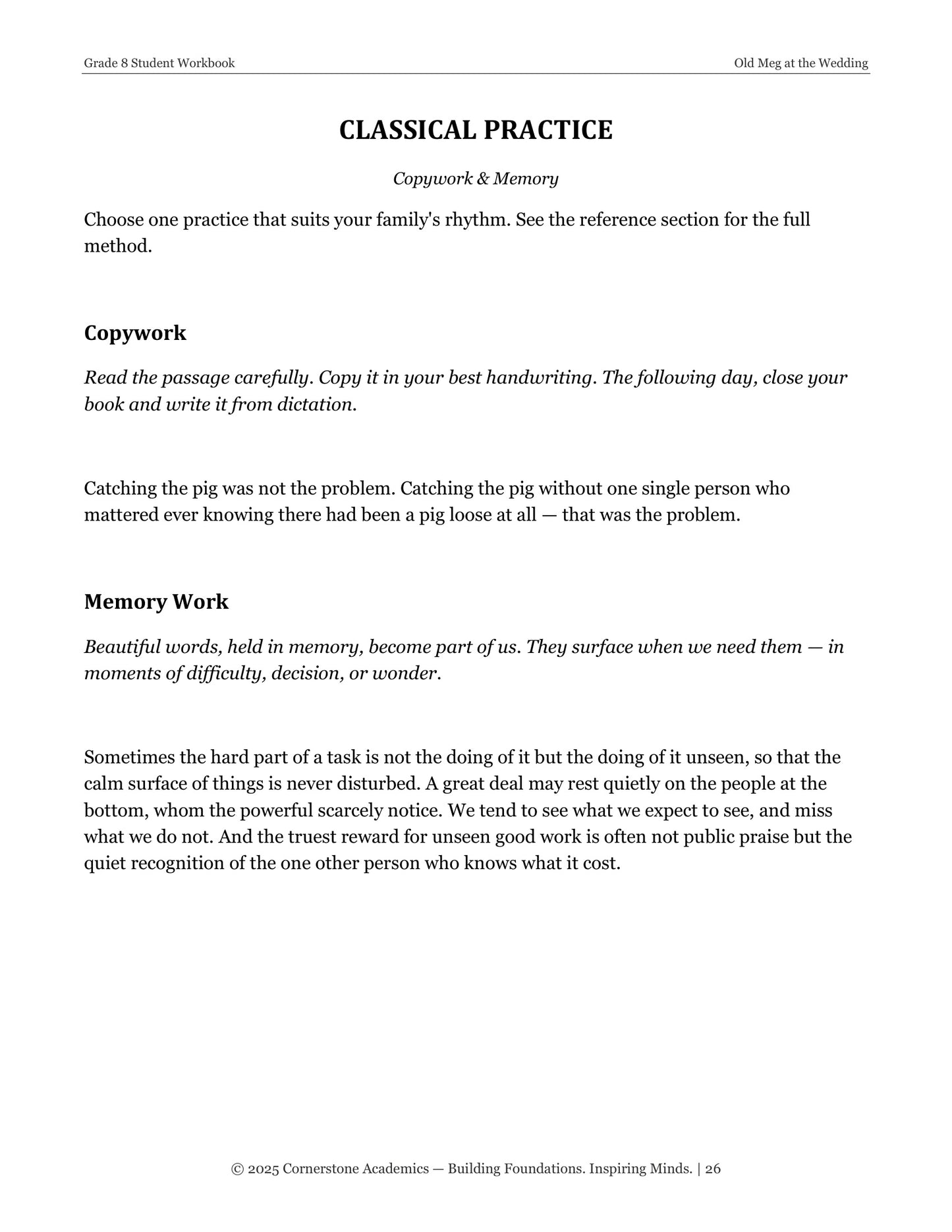 Old Meg at the Wedding | Grade 8 Classical Literature Packet | Cornerstone Academics