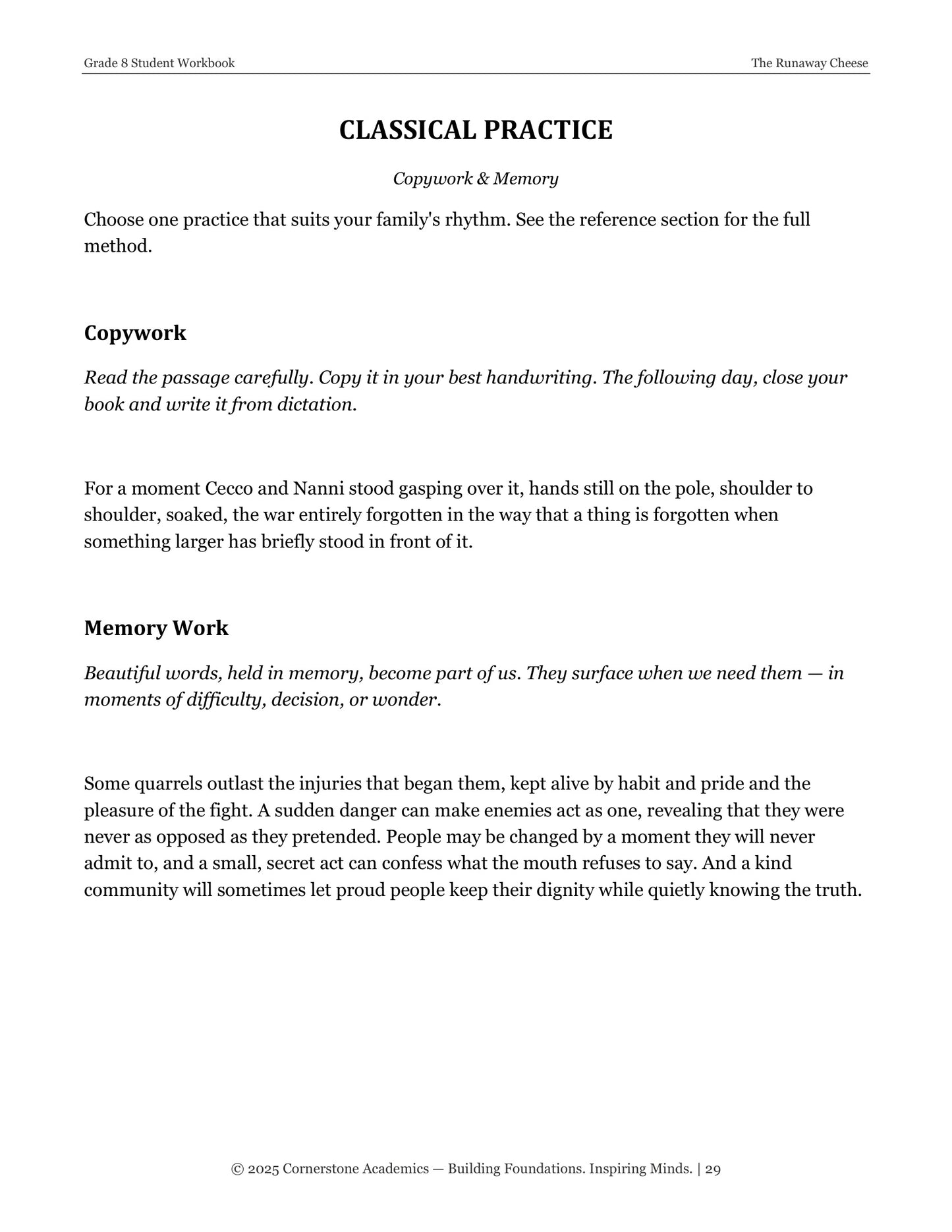 The Runaway Cheese | Grade 8 Classical Literature Packet | Cornerstone Academics