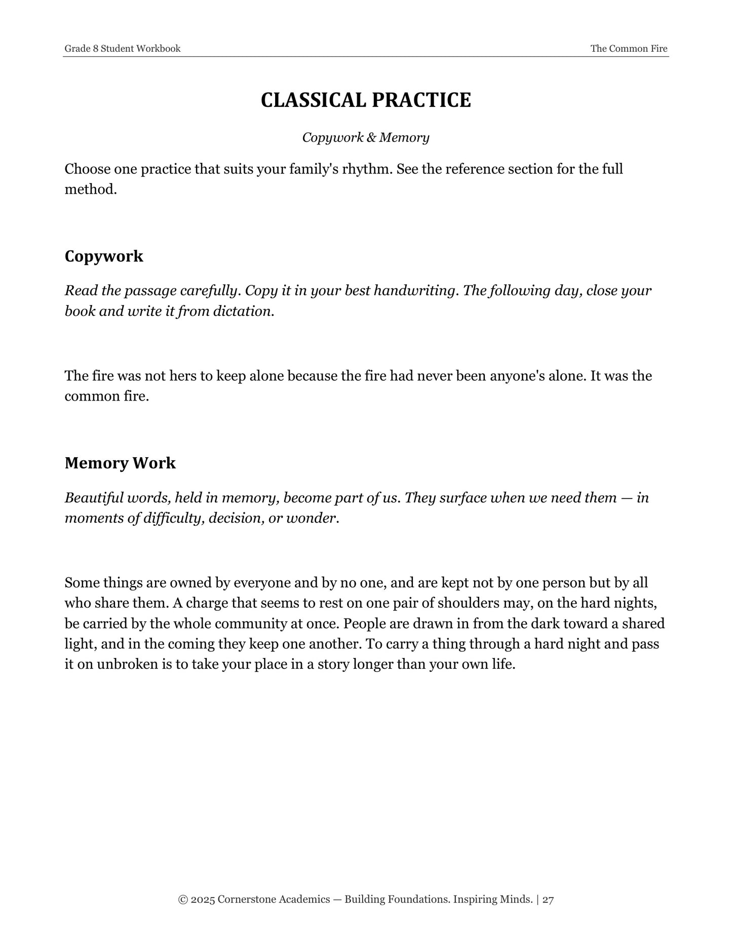 The Common Fire | Grade 8 Classical Literature Packet | Cornerstone Academics