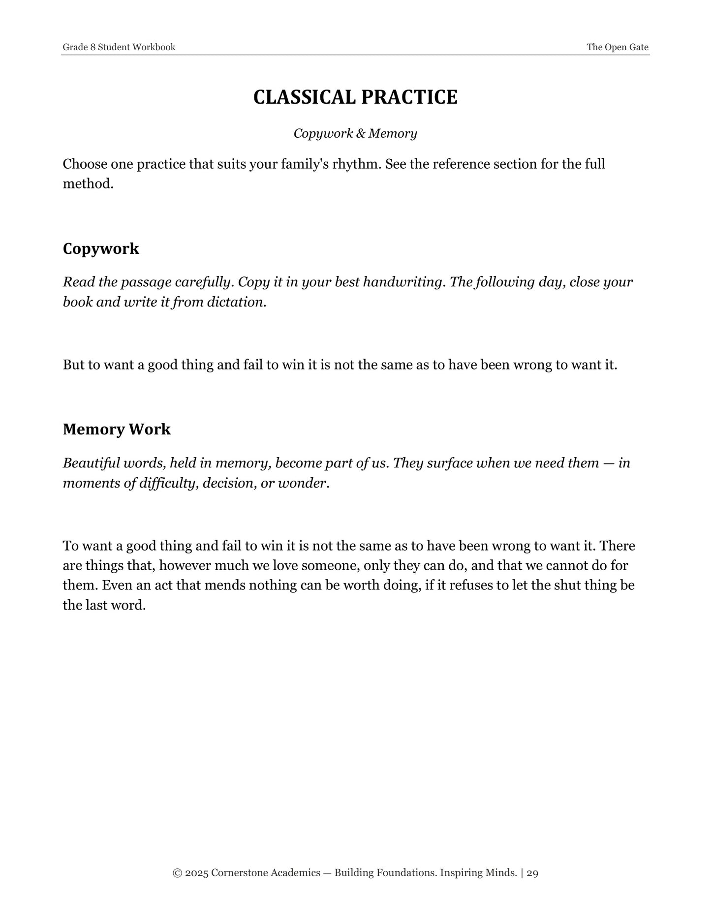 The Open Gate | Grade 8 Classical Literature Packet | Cornerstone Academics