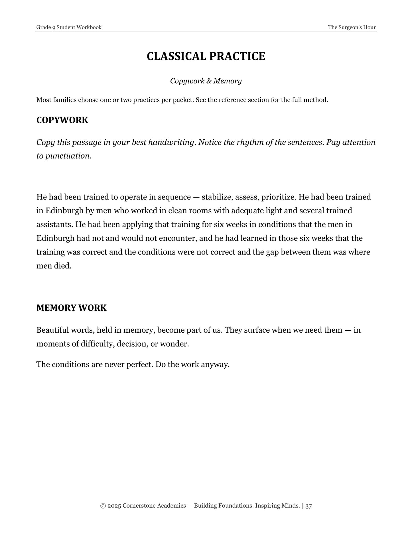 The Surgeon's Hour | Grade 9 Classical Literature Packet | Cornerstone Academics