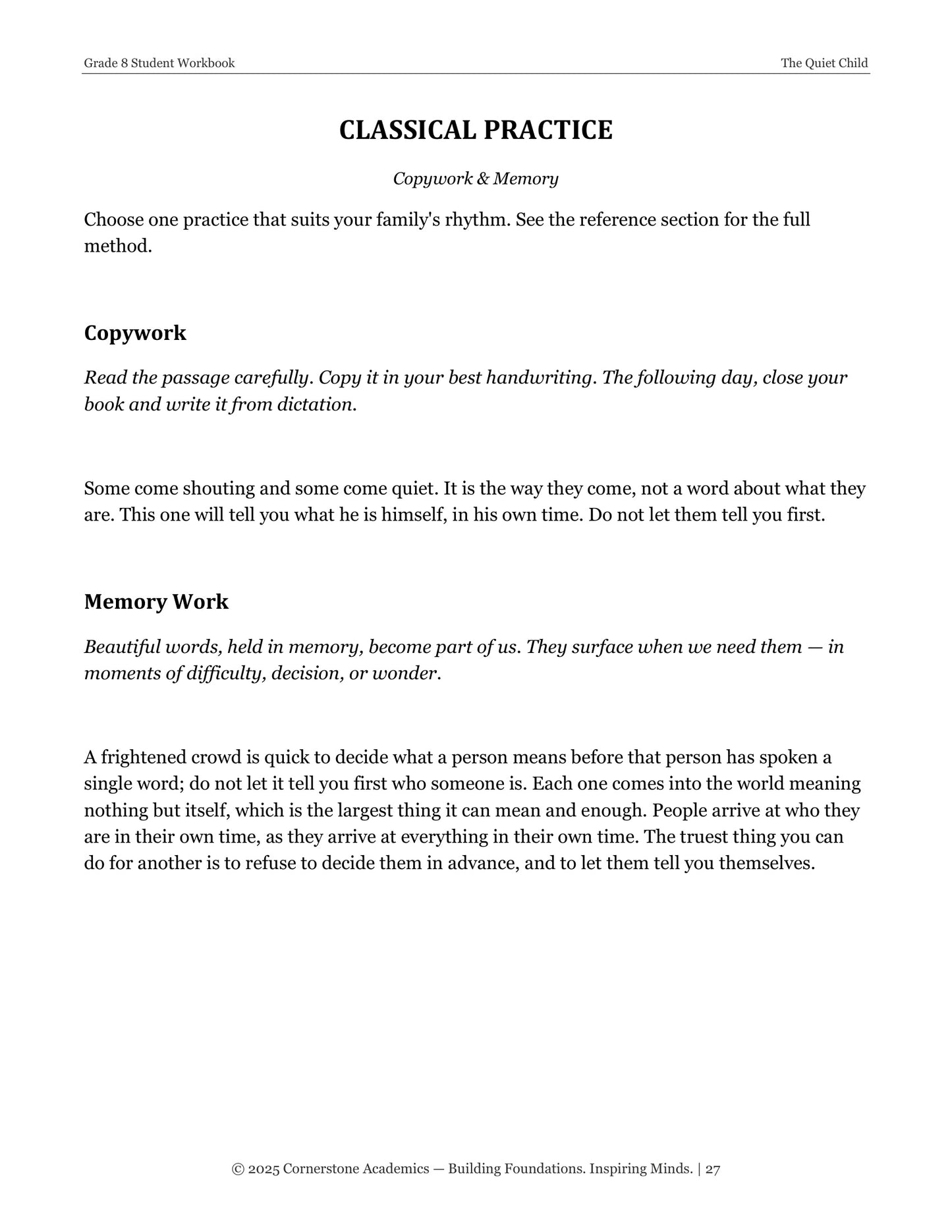 The Quiet Child | Grade 8 Classical Literature Packet | Cornerstone Academics