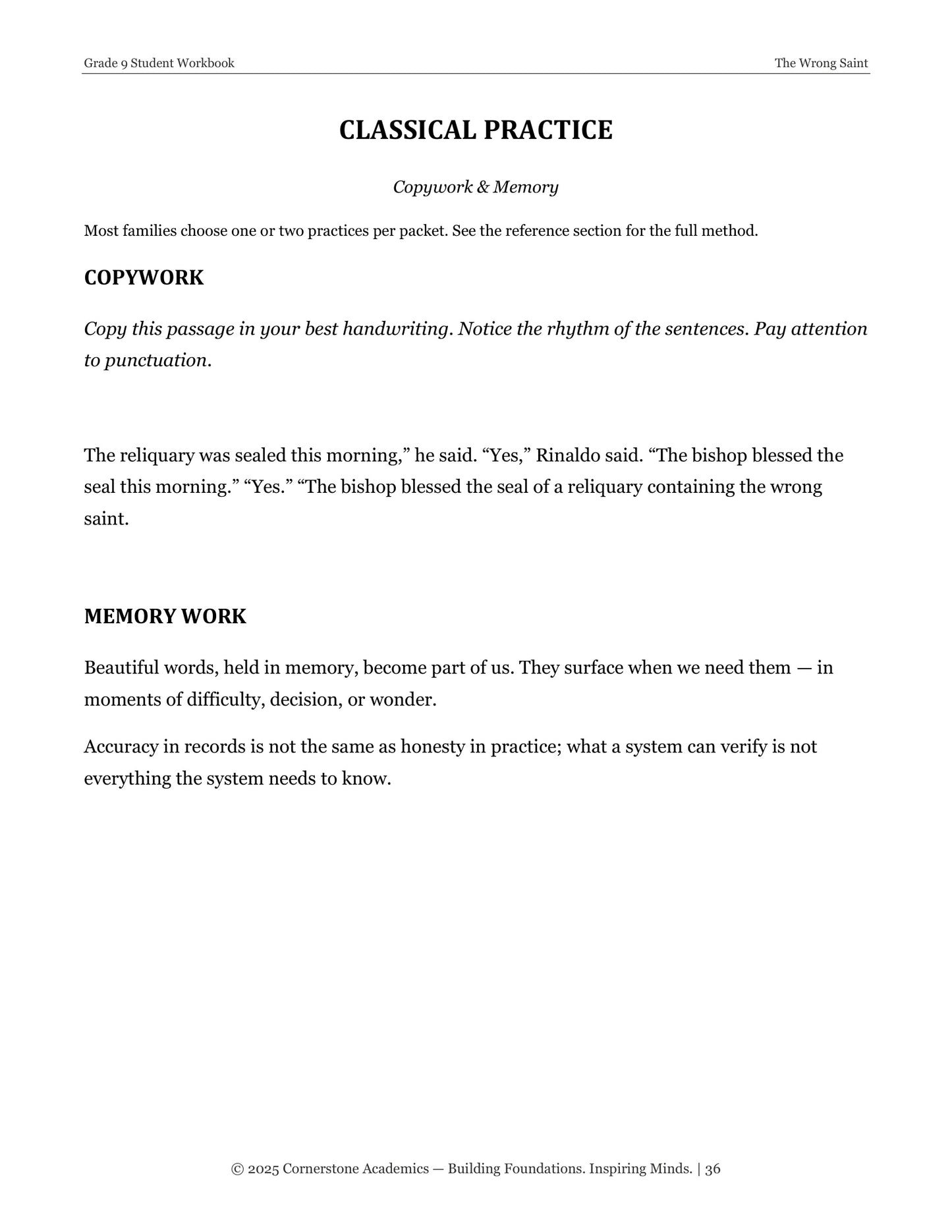 The Wrong Saint | Grade 9 Classical Literature Packet | Cornerstone Academics