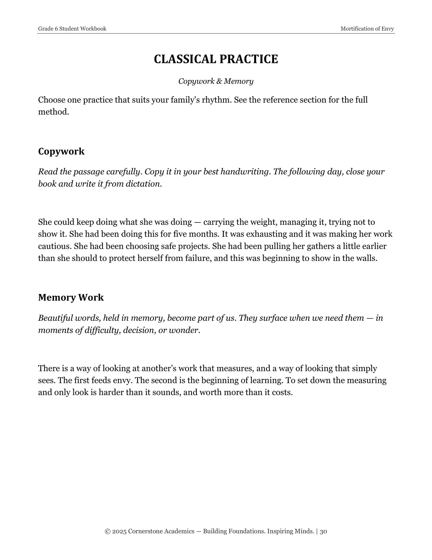 Mortification of Envy | Grade 6 Classical Literature Packet | Cornerstone Academics
