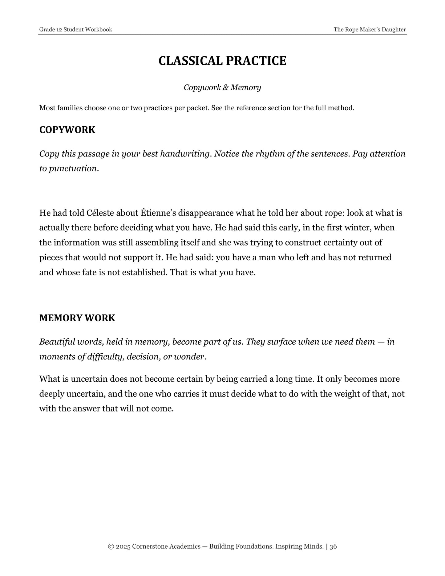 The Rope Maker’s Daughter | Grade 12 Classical Literature Packet | Cornerstone Academics
