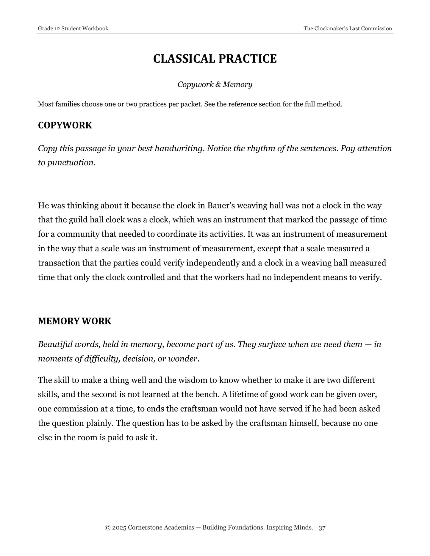 The Clockmaker’s Last Commission | Grade 12 Classical Literature Packet | Cornerstone Academics